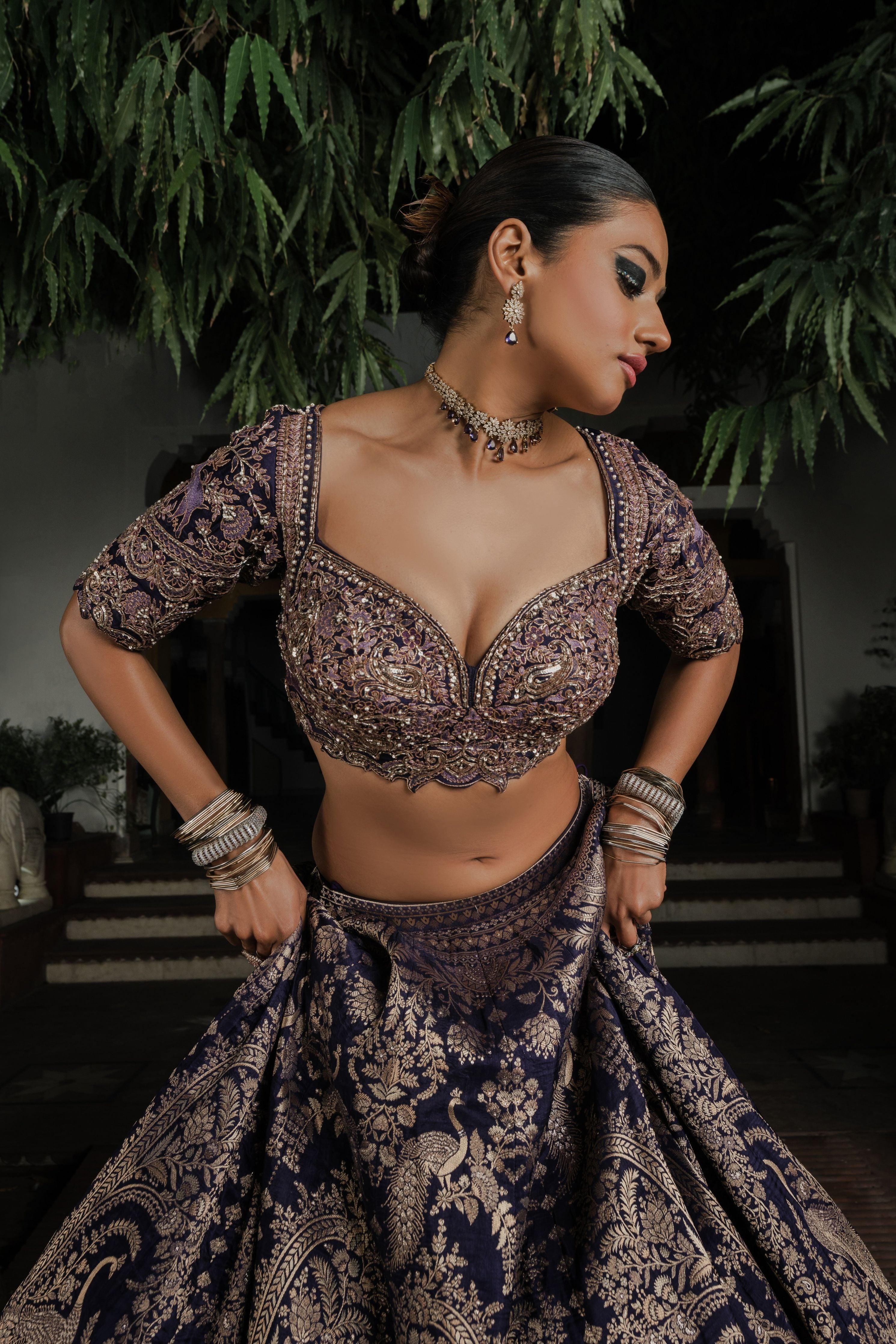 Navy Blue Silk Lehenga with Antique Zardosi and Resham Work  Mokshaa