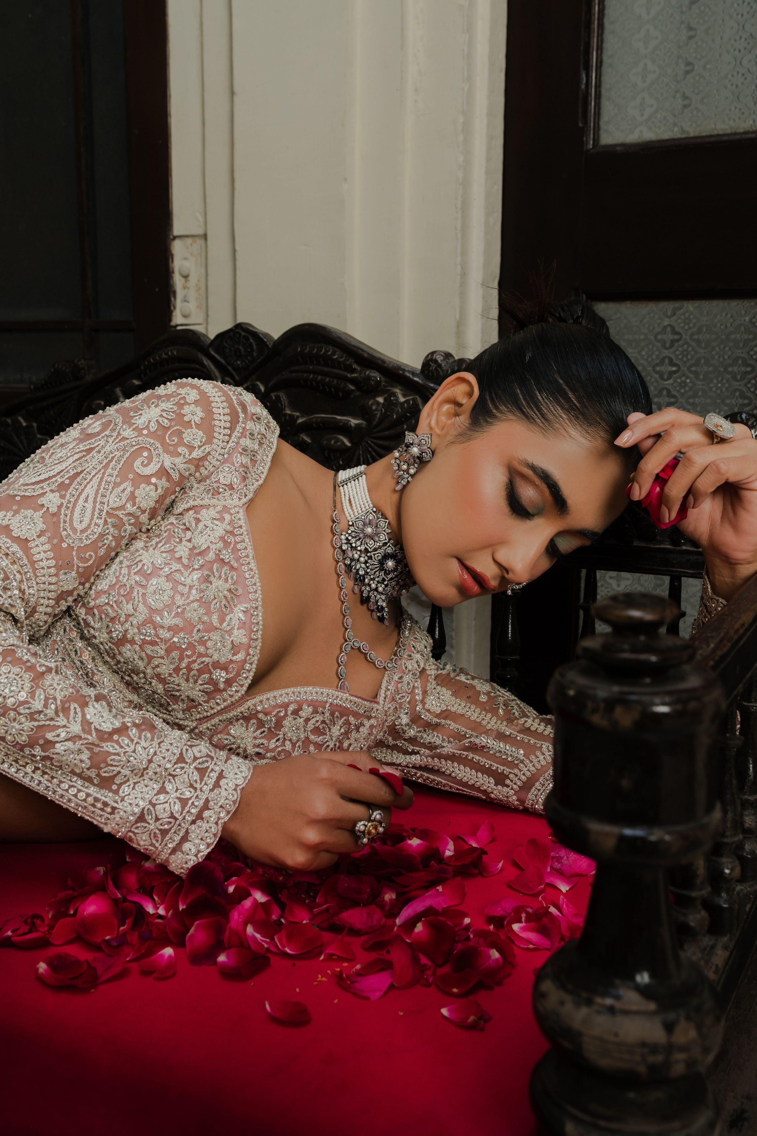 Pink Net Lehenga with Sequin & Thread Embroidery  Mokshaa
