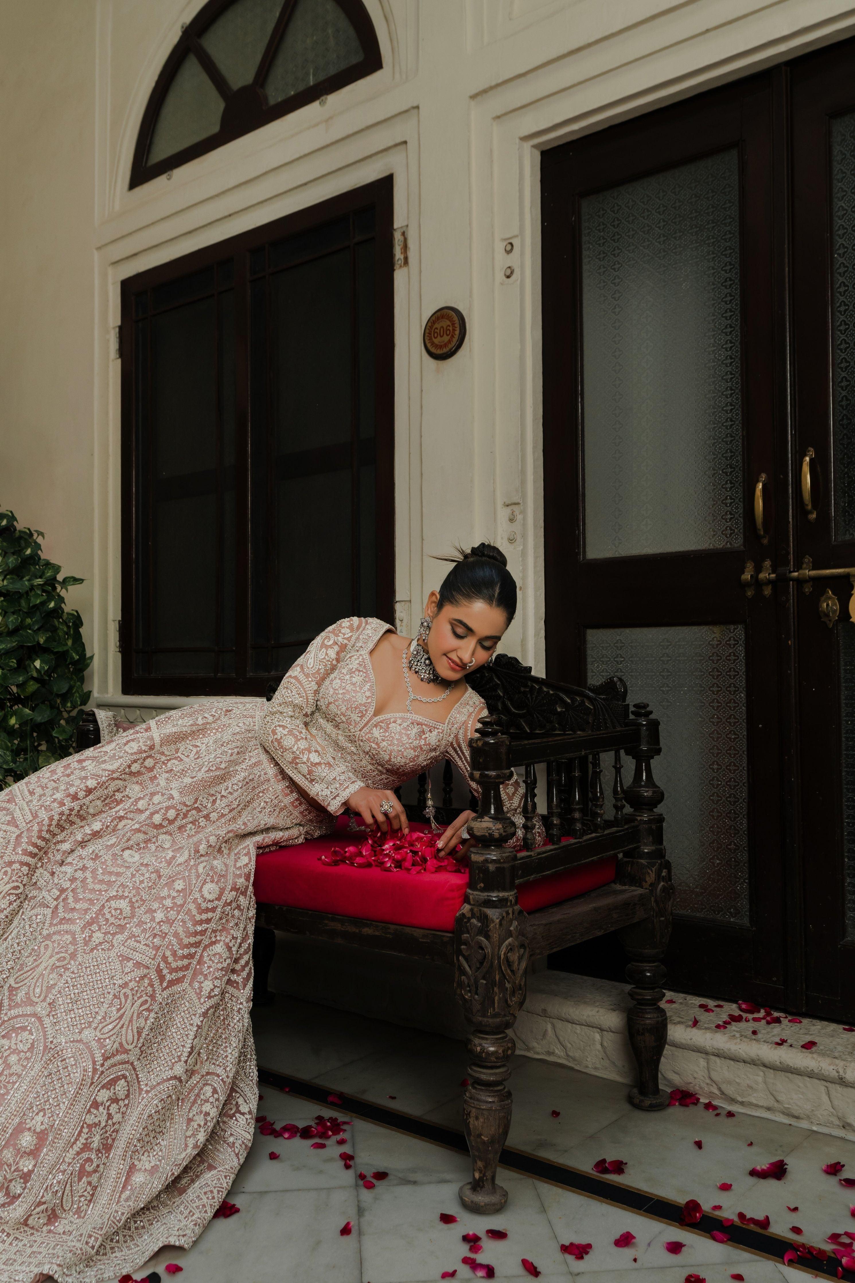 Pink Net Lehenga with Sequin & Thread Embroidery  Mokshaa