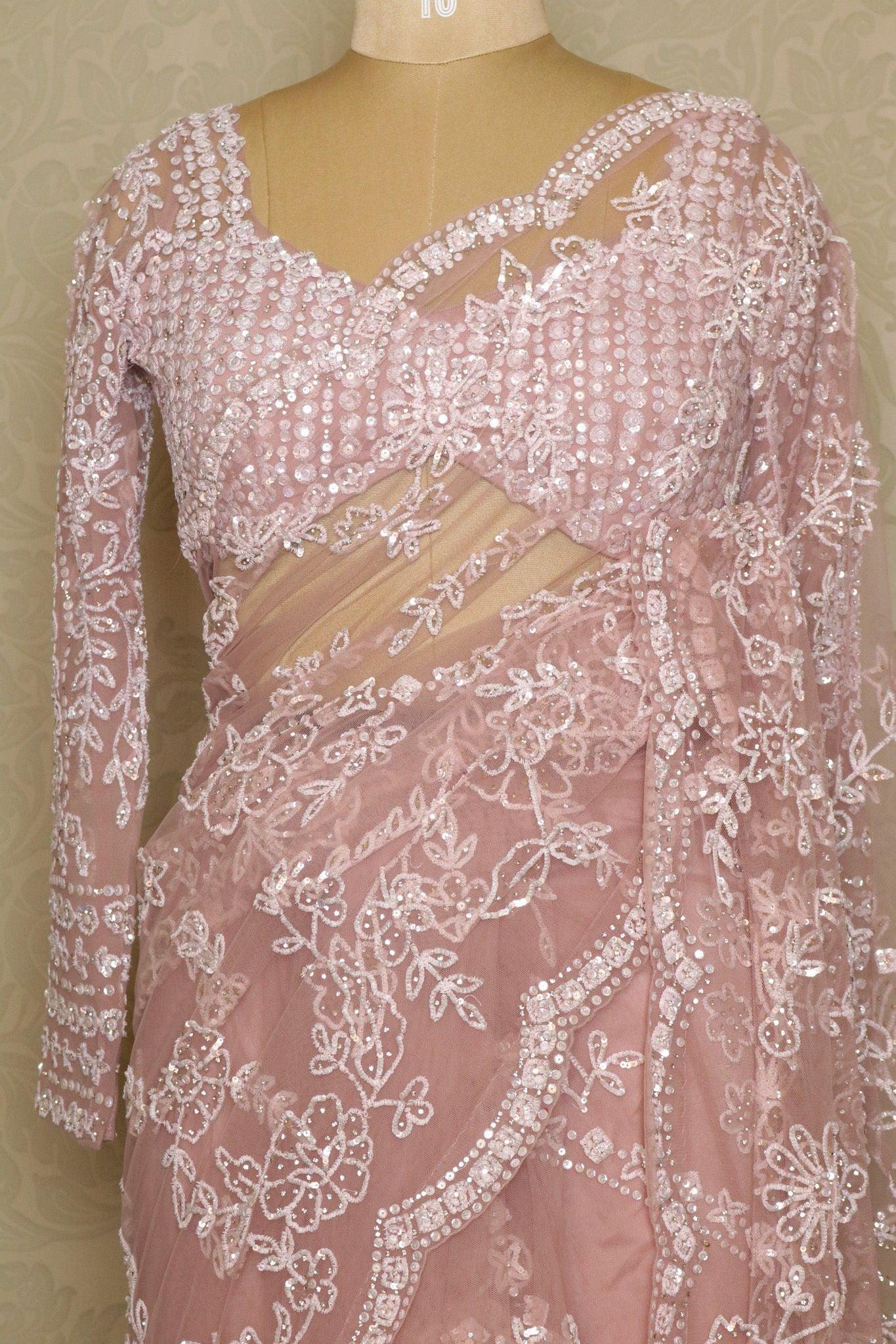 Soft Pink Net Saree with Sequin & Stone Embroidery.