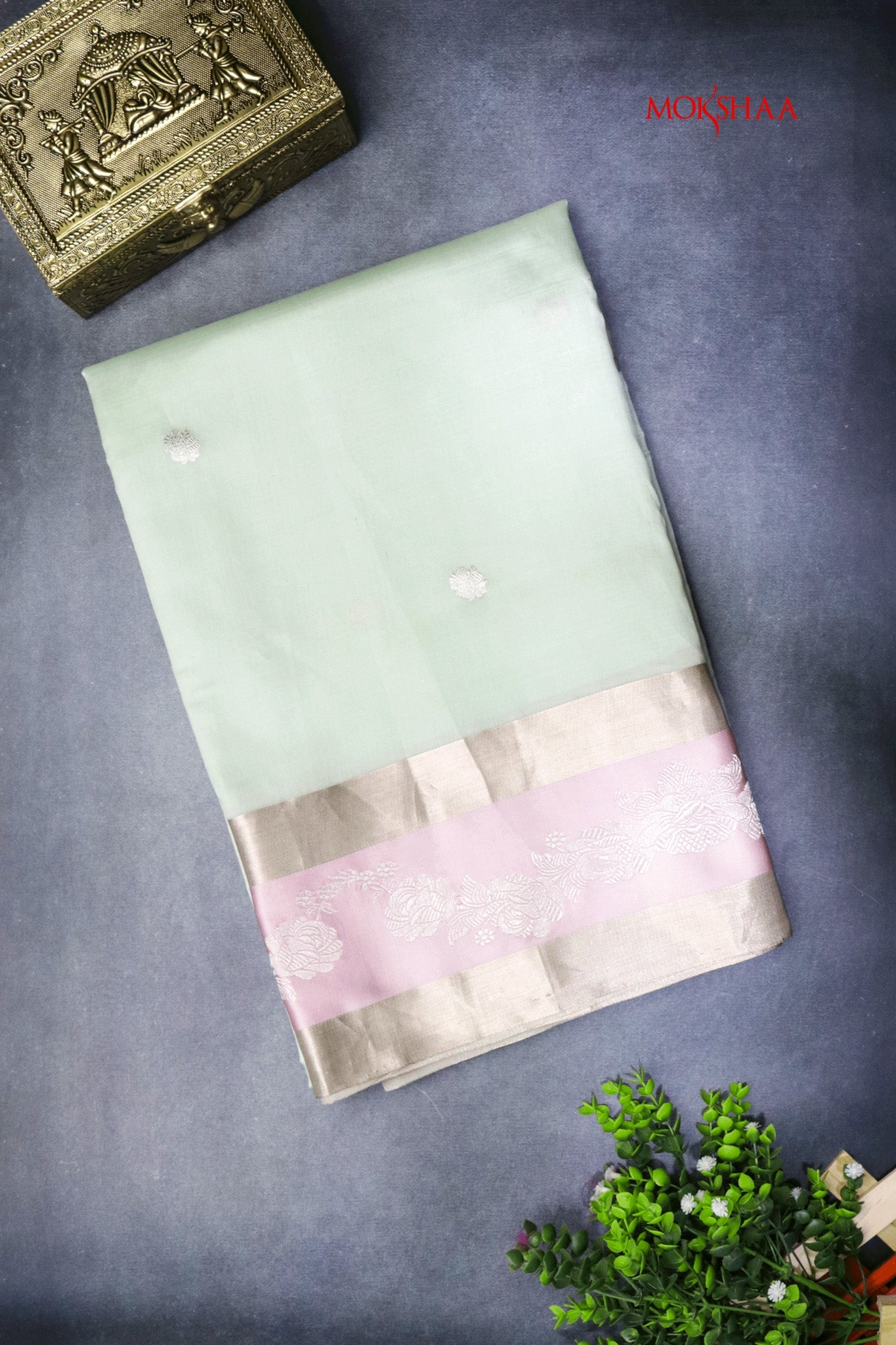 Sea Green Banarasi Tissue Silk Saree with Floral Pot Motifs (Copy)  Mokshaa