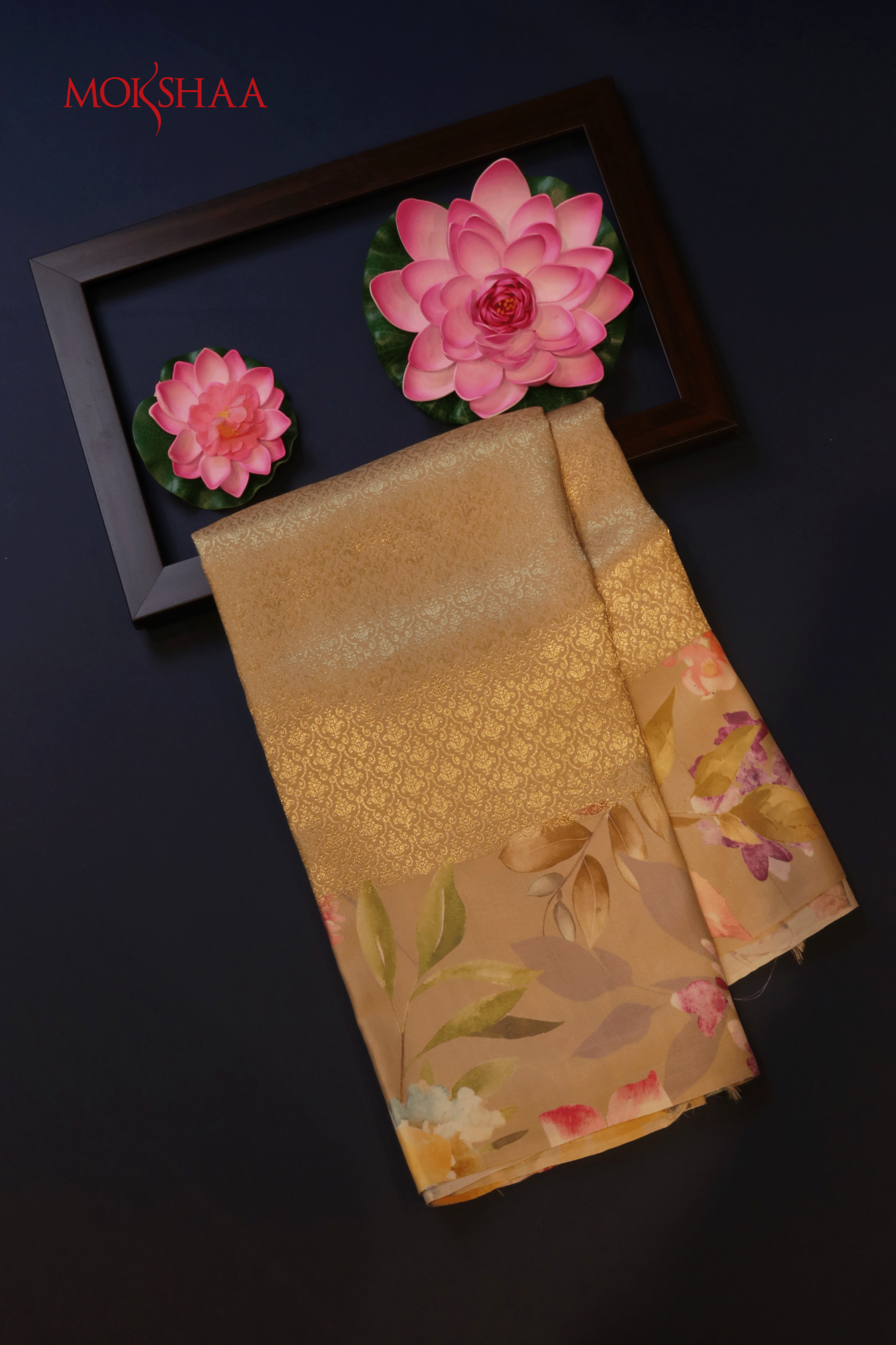 Beige Printed Satin Silk Saree  Mokshaa