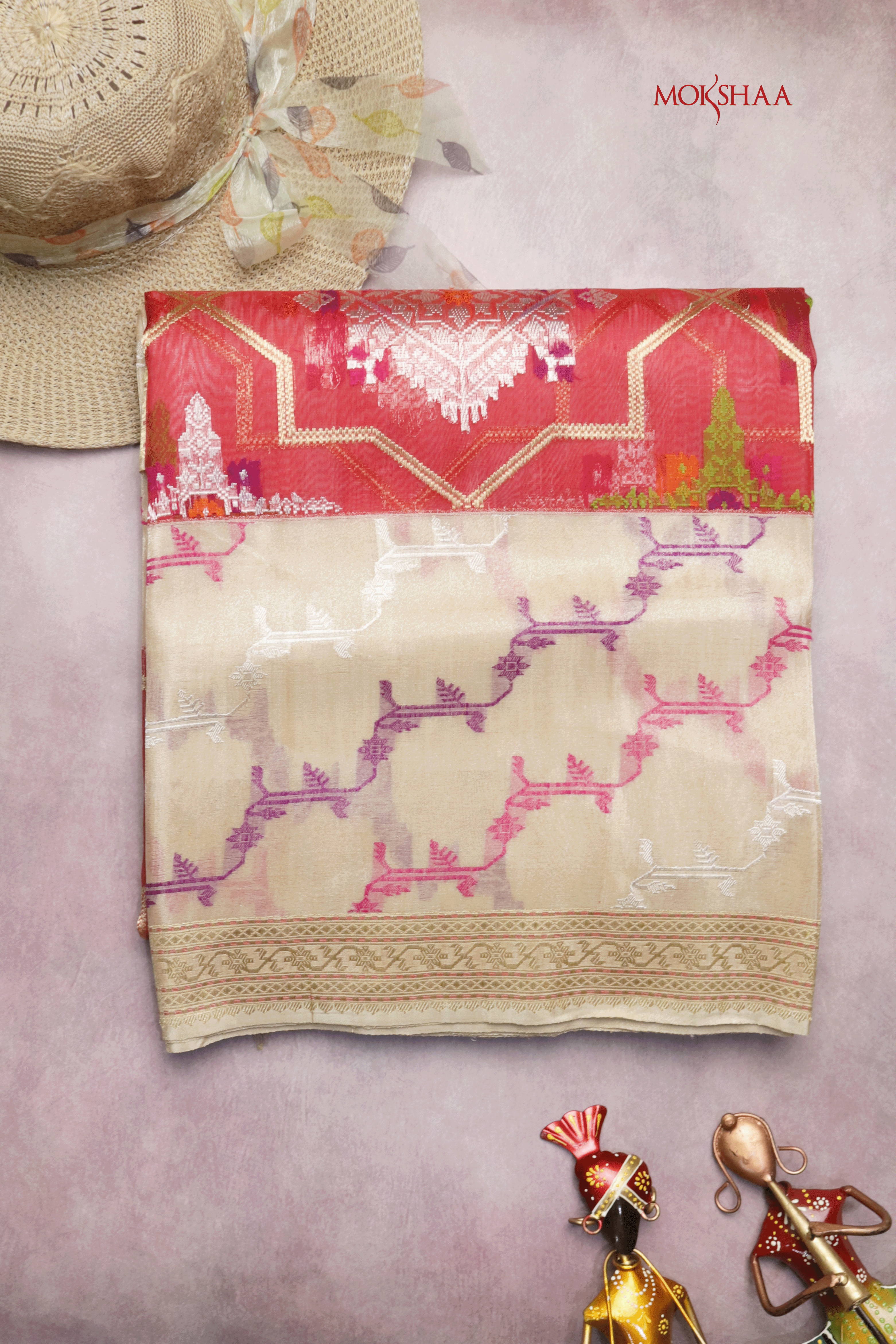 Red & Off White Banarasi Kora Silk Saree  Mokshaa