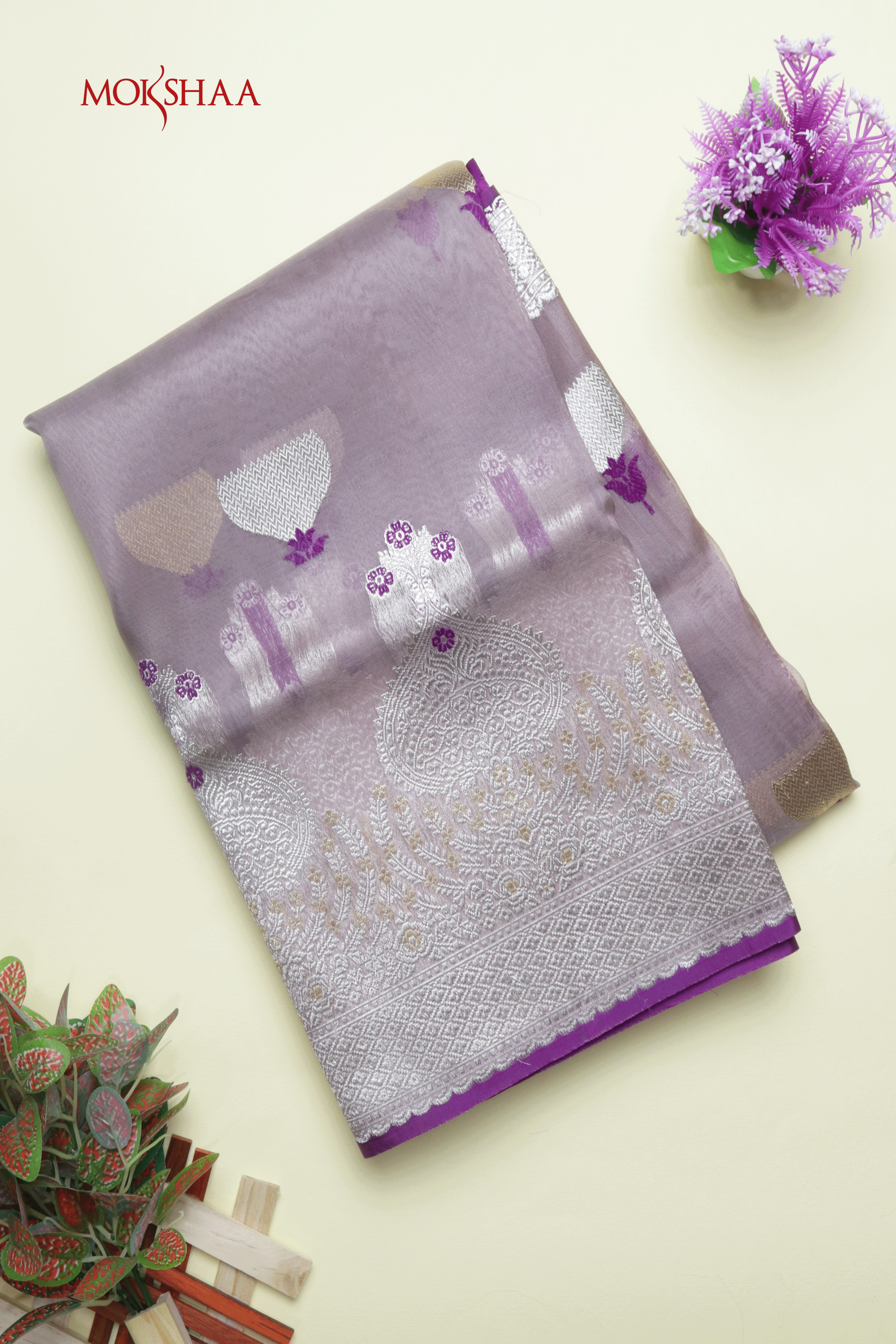 Lavender Banarasi Kora Saree with Silver Zari Border  Mokshaa