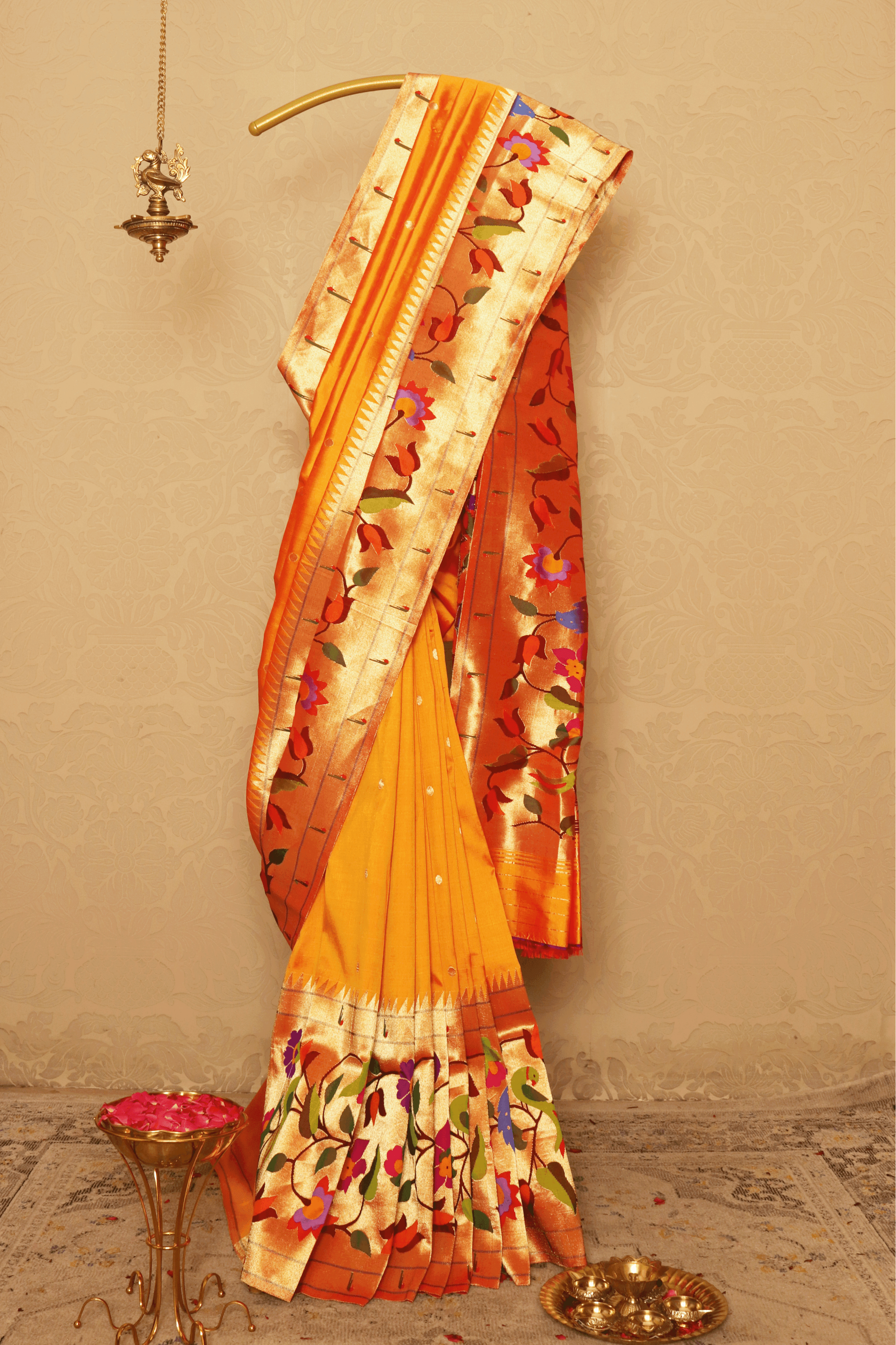 Orange Paithani Silk Saree with Multicolour Peacock Motif Pallu - Mokshaa