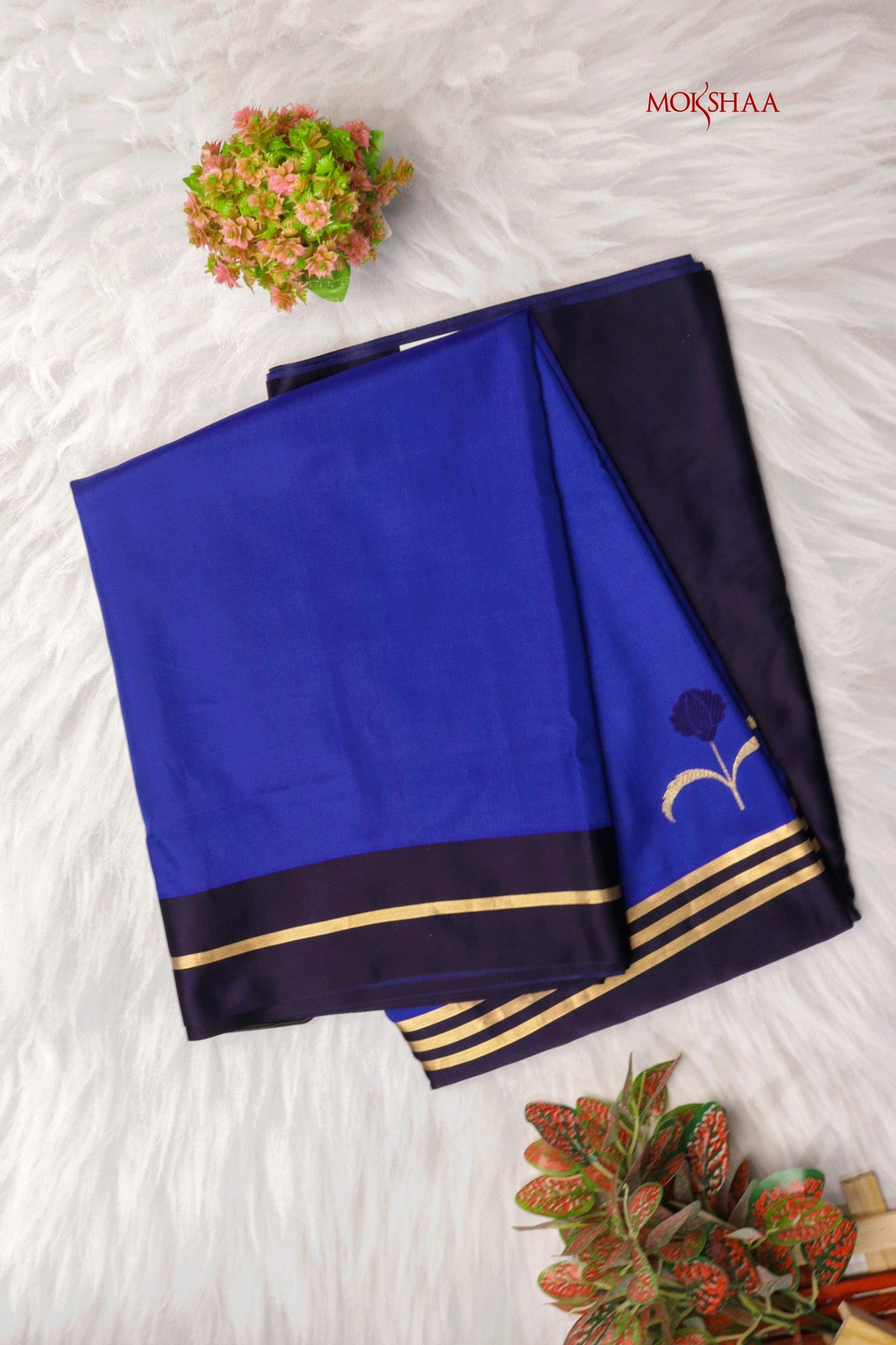 Royal Blue Banarasi Silk Saree with Contrast Border  Mokshaa