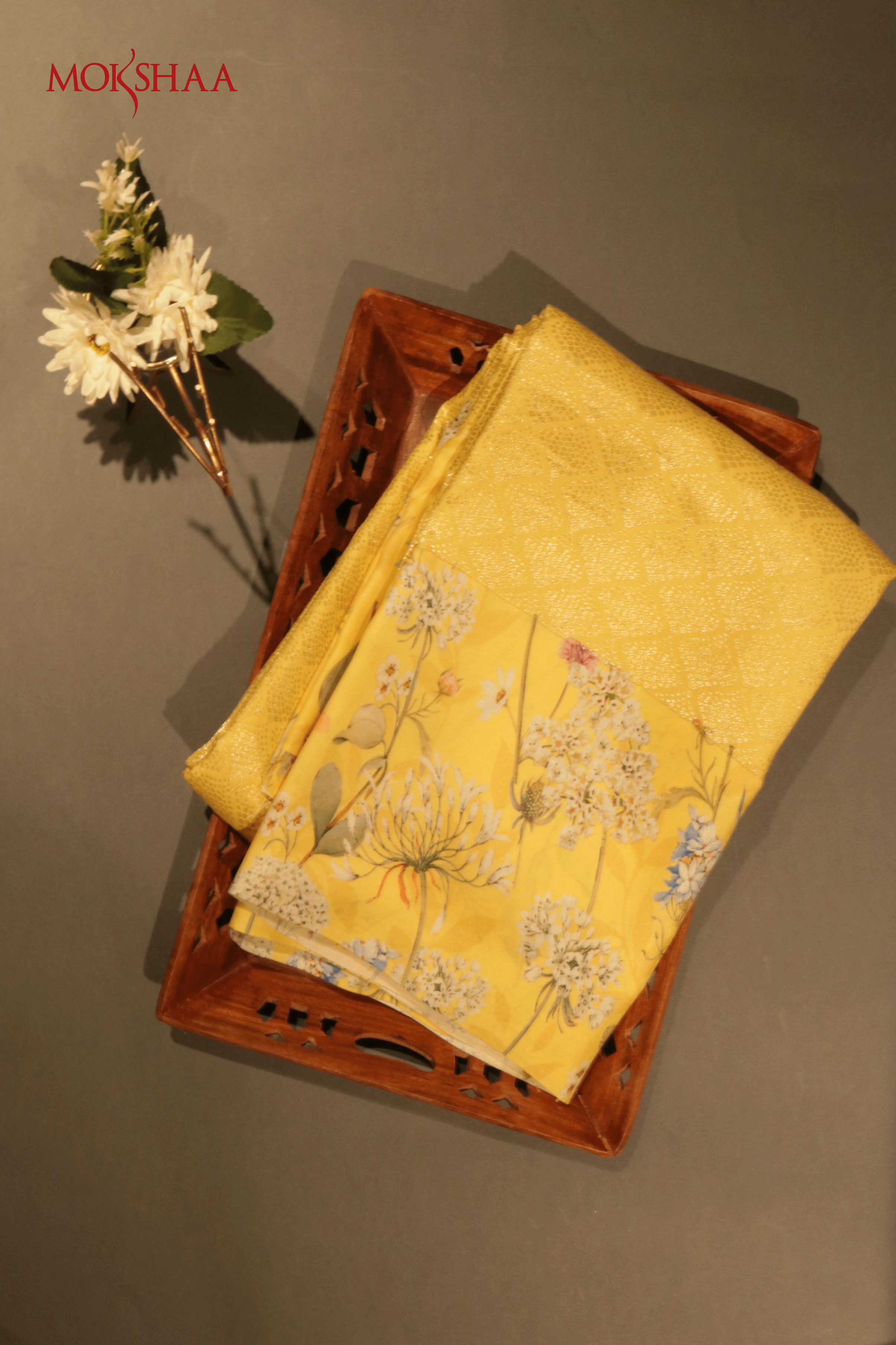 Bright Yellow Printed Satin Silk Saree  Mokshaa