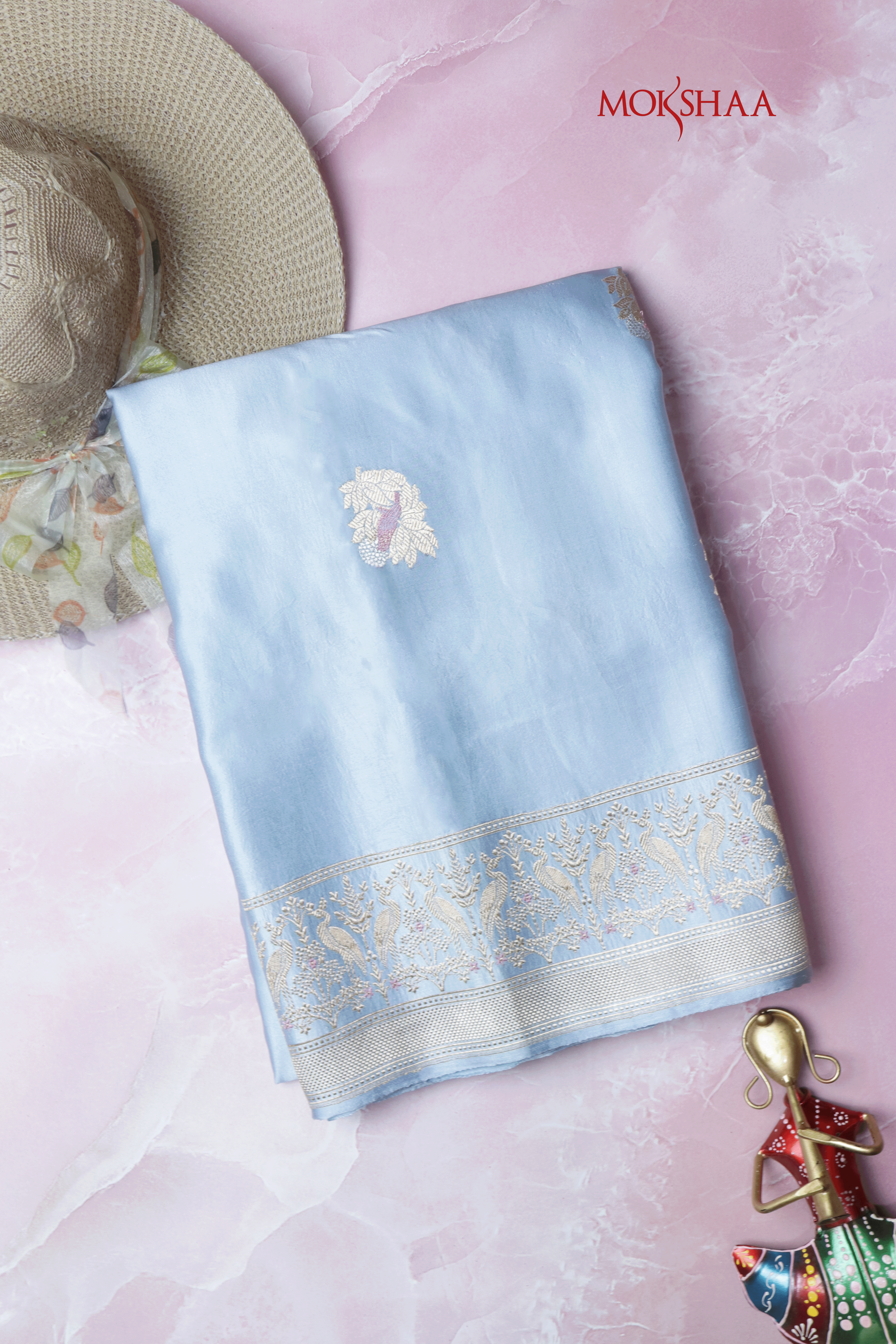 Sky Blue Banarasi Silk Saree with Pastel Motifs  Mokshaa