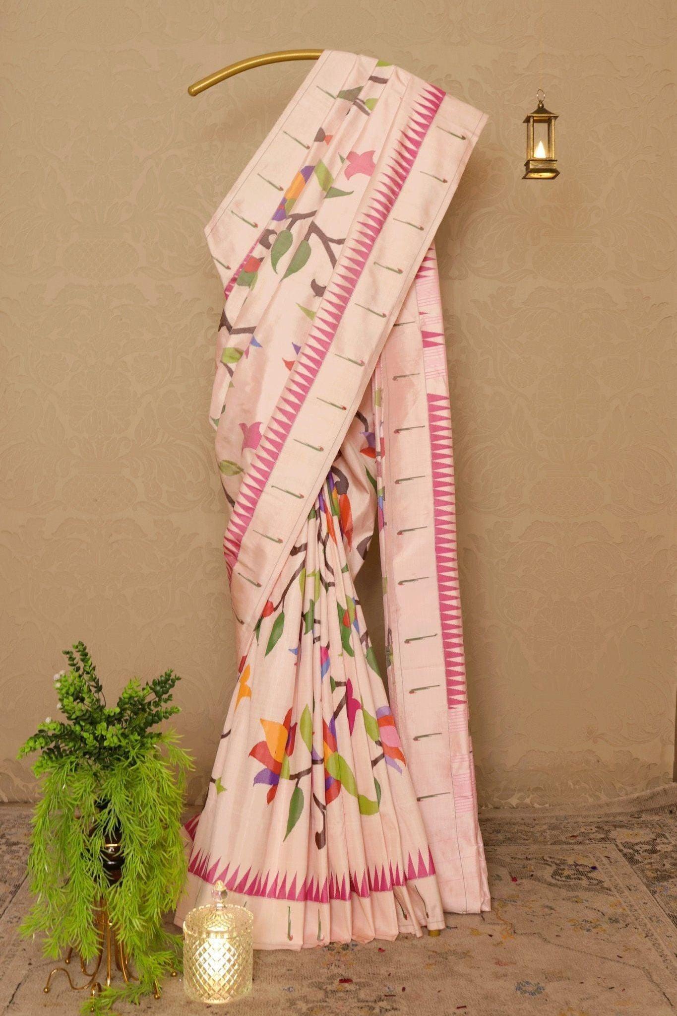 Blush Pink Paithani Saree with Multicolour Lotus Jaal and Muniya Border