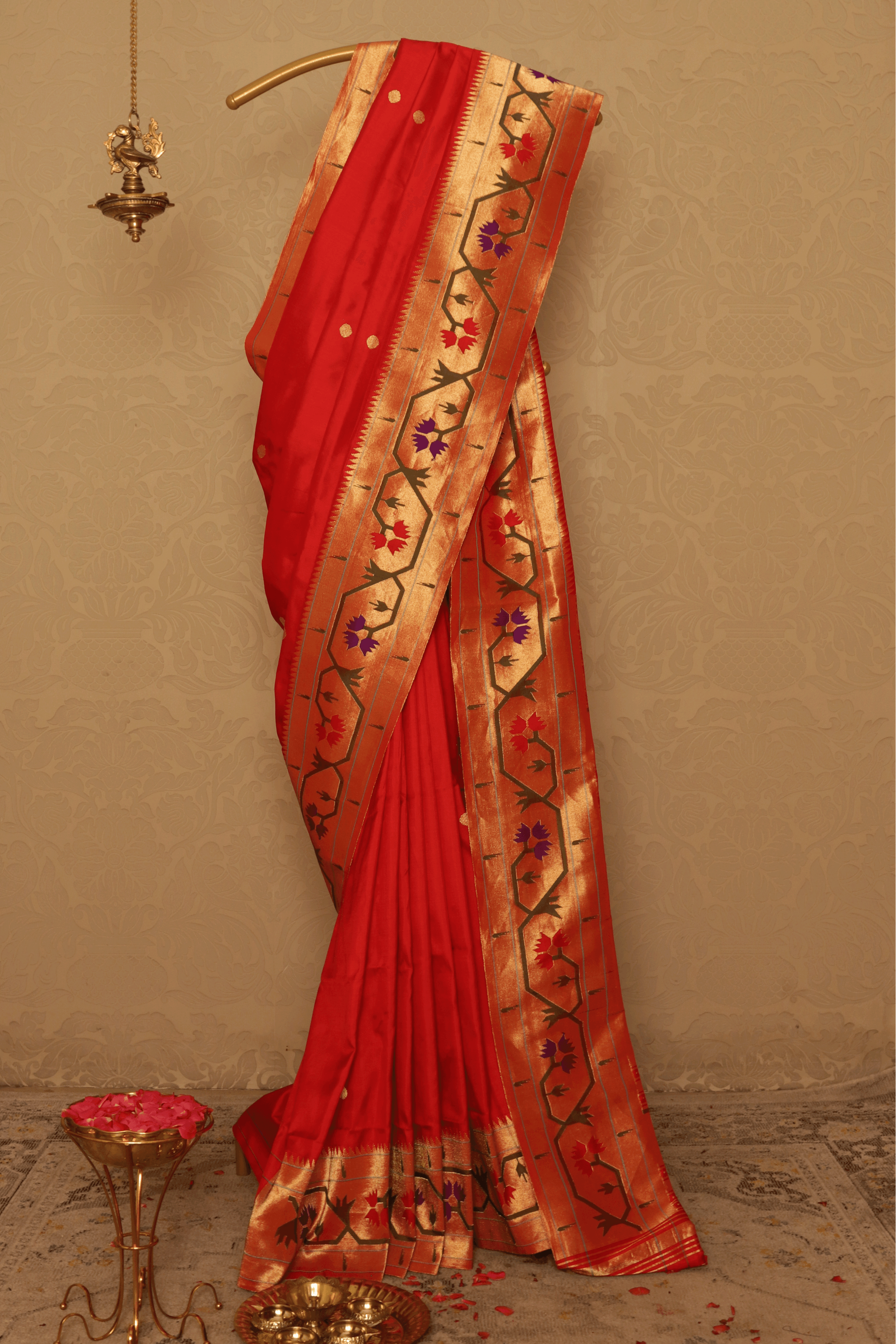 Classic Red Paithani Saree with Gold Zari and Lotus Motifs - Mokshaa