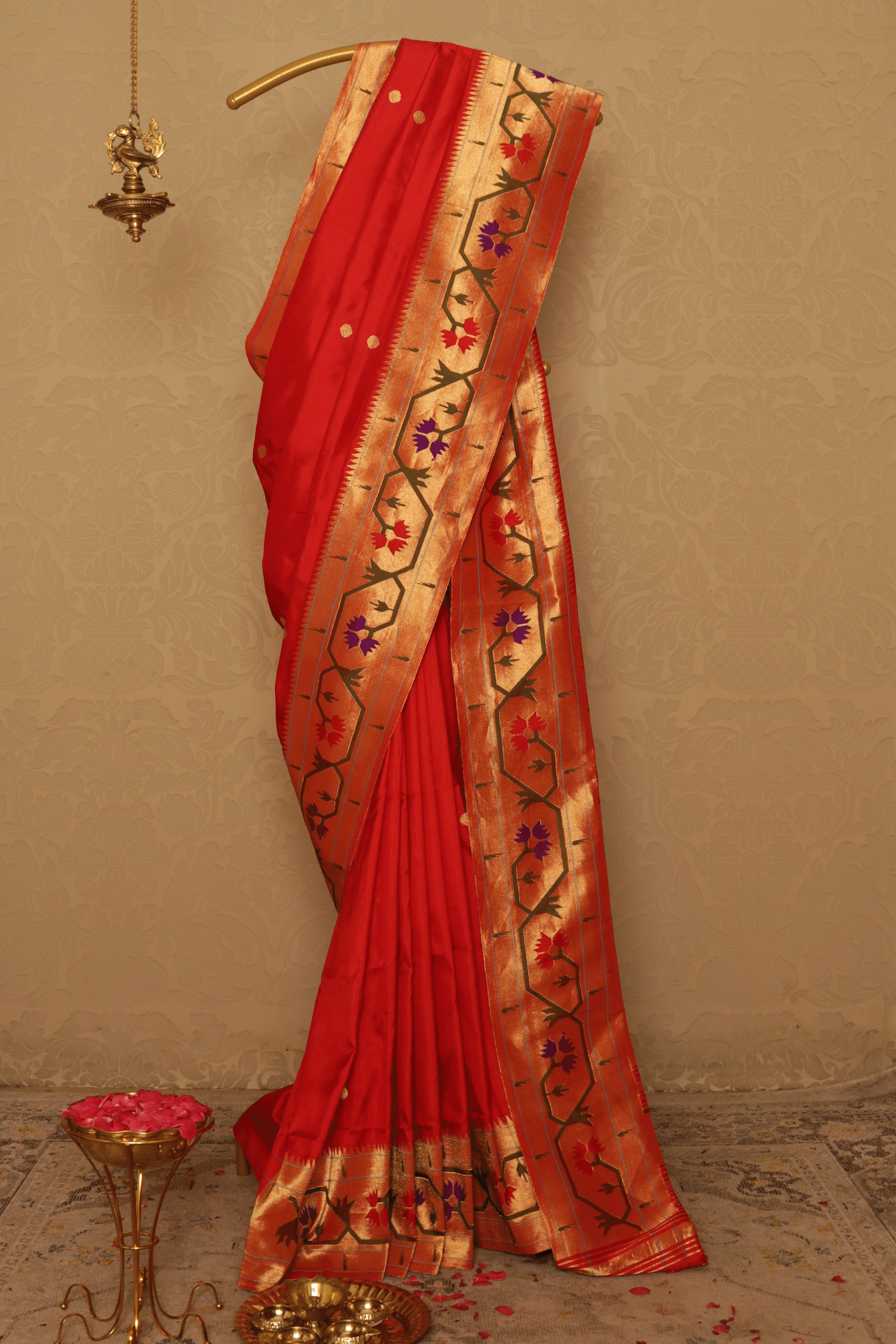 Classic Red Paithani Saree with Gold Zari and Lotus Motifs  Mokshaa