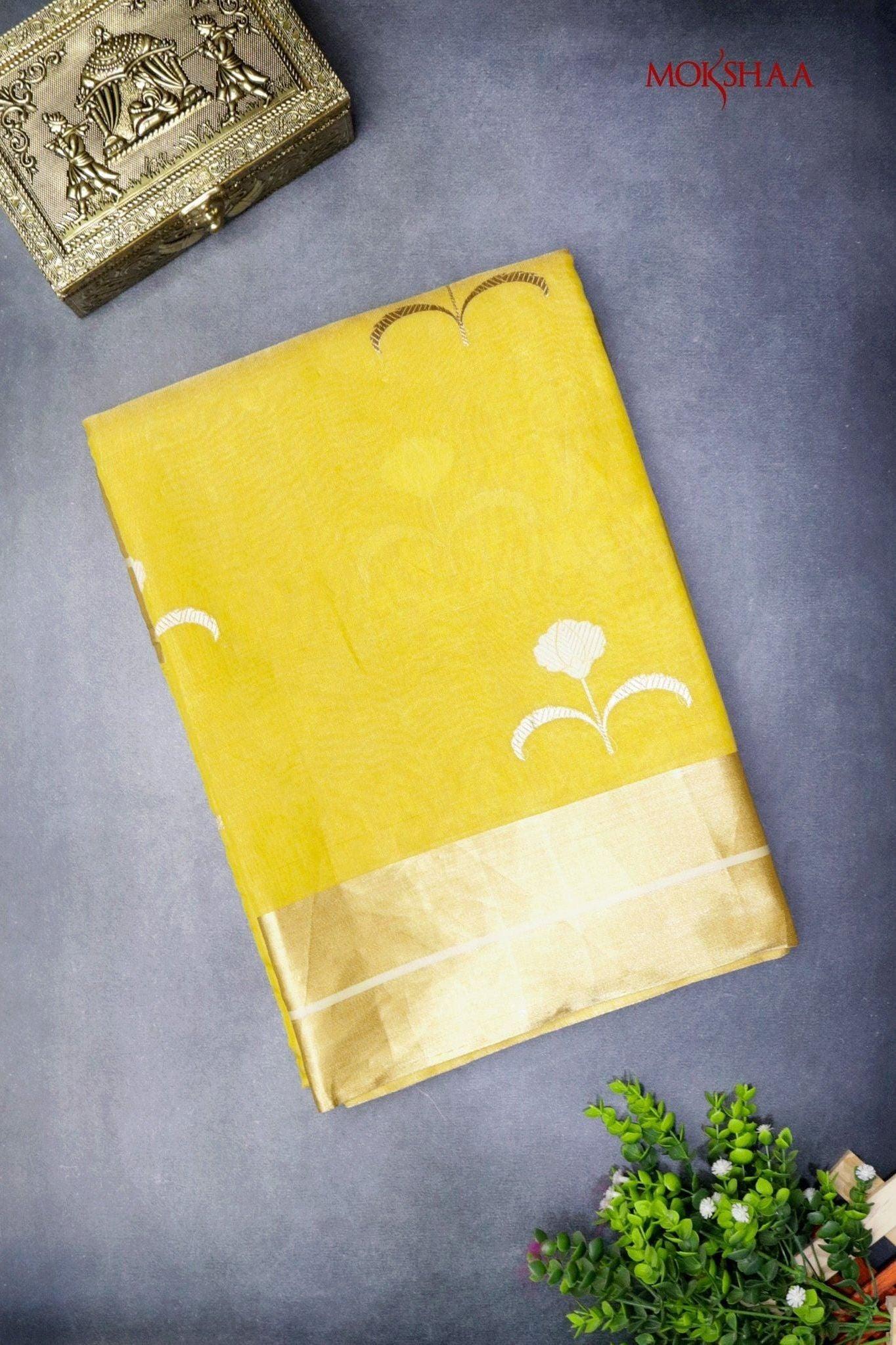 Sun Yellow Banaras Tissue Silk Saree with Zari Floral Buttas and Rich Golden Pallu  Mokshaa