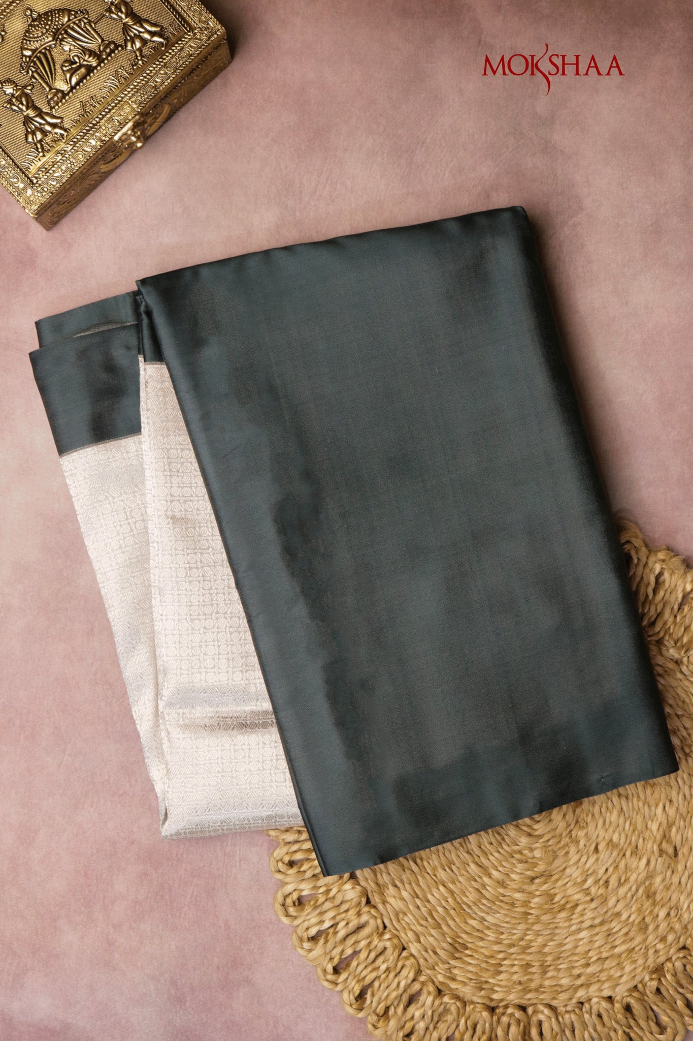 Teal Banarasi Silk Saree with Silver Zari Brocade Border  Mokshaa