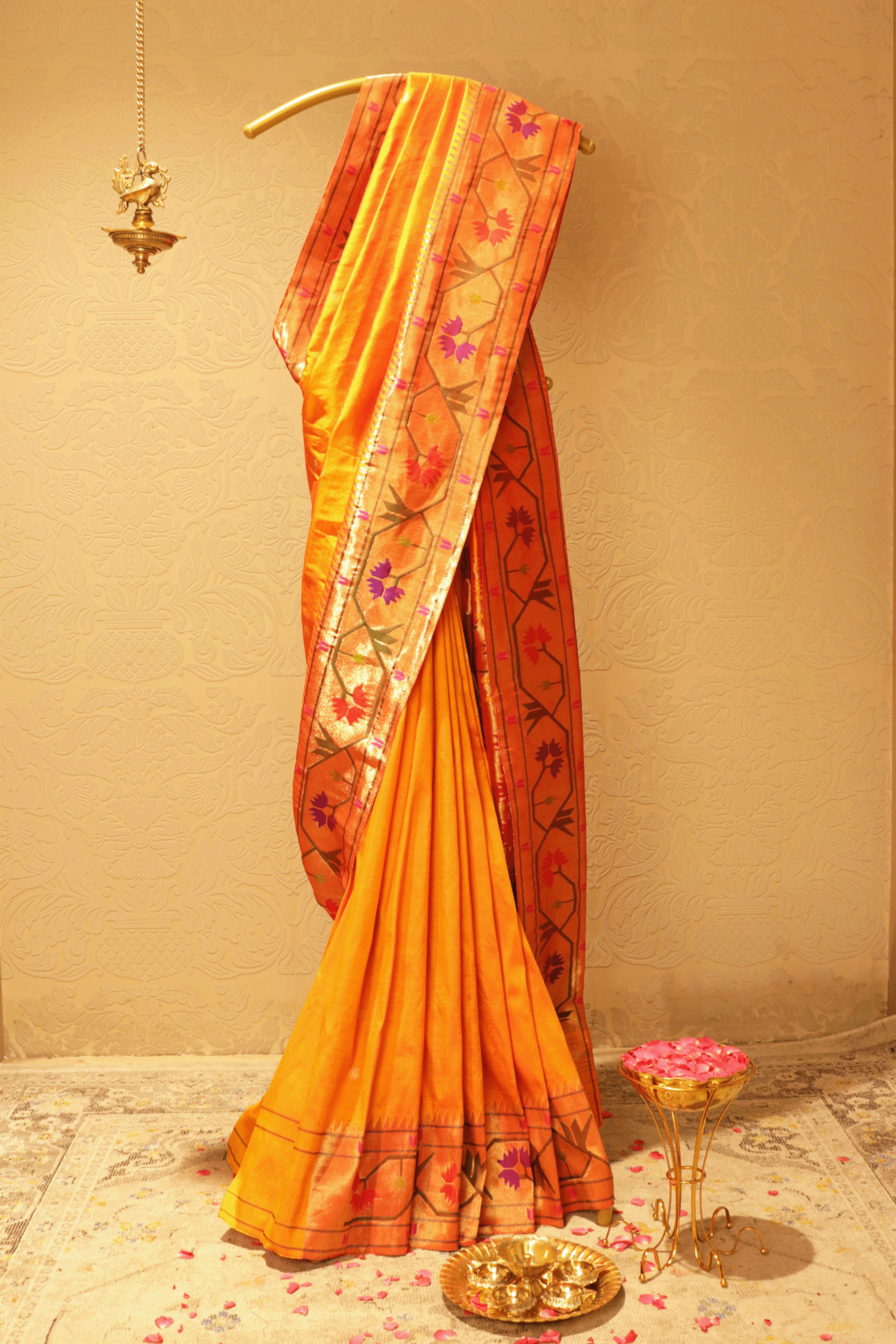 Sunset Orange Paithani Saree with Gold Zari and Lotus Motif Border  Mokshaa