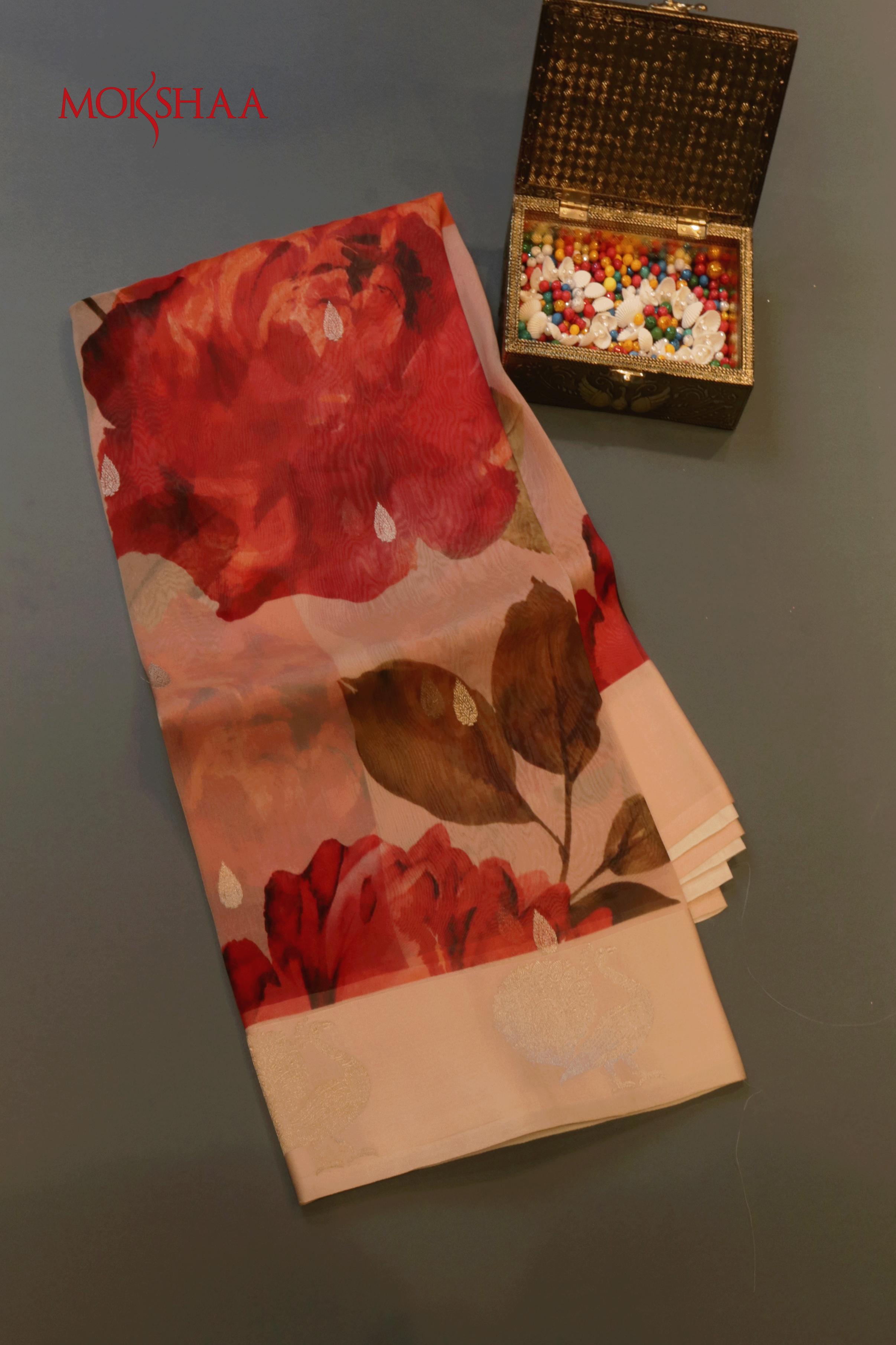 Peach Printed Organza Saree  Mokshaa