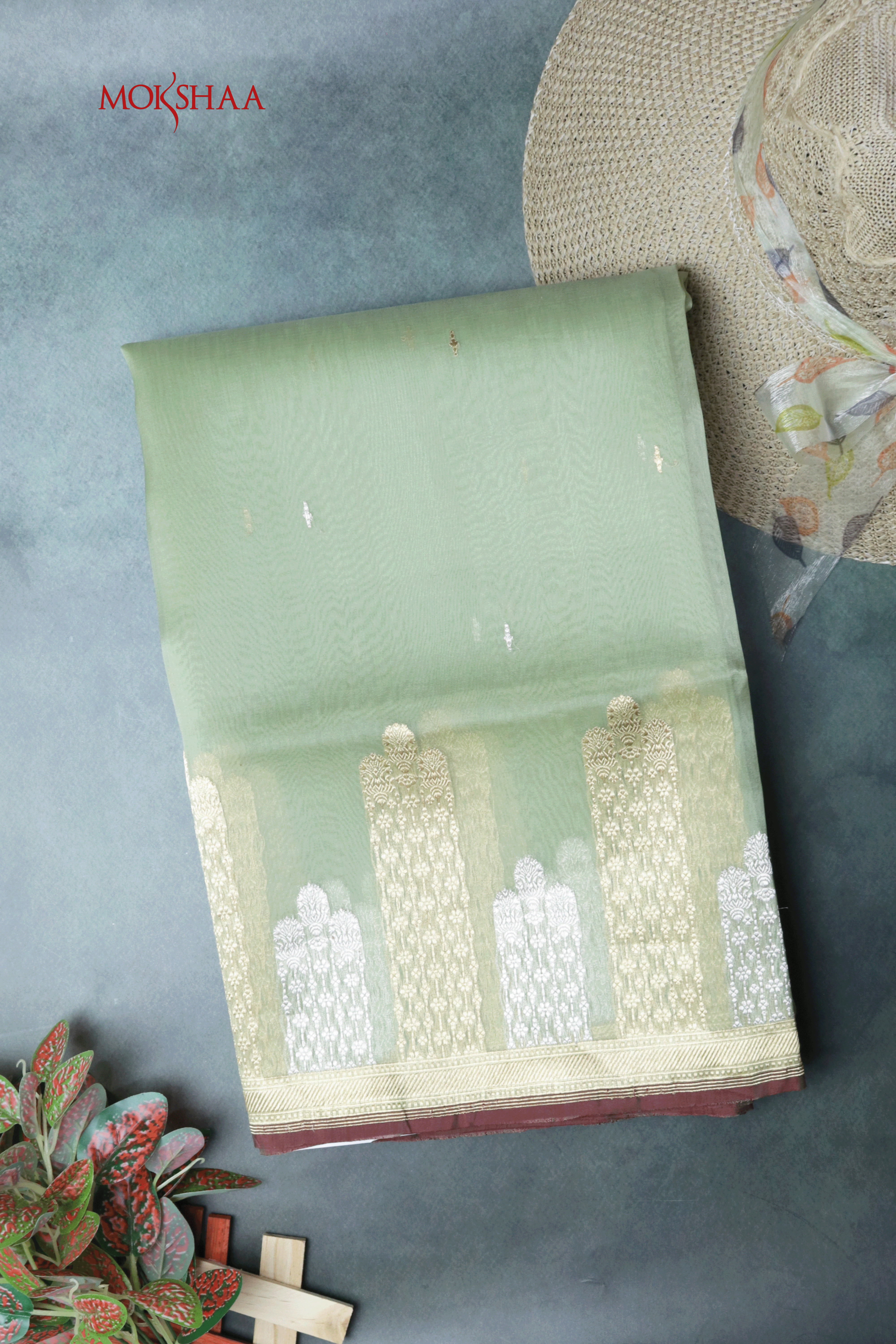 Mint Green Tissue Kora Saree with Dual Zari Temple Motifs  Mokshaa