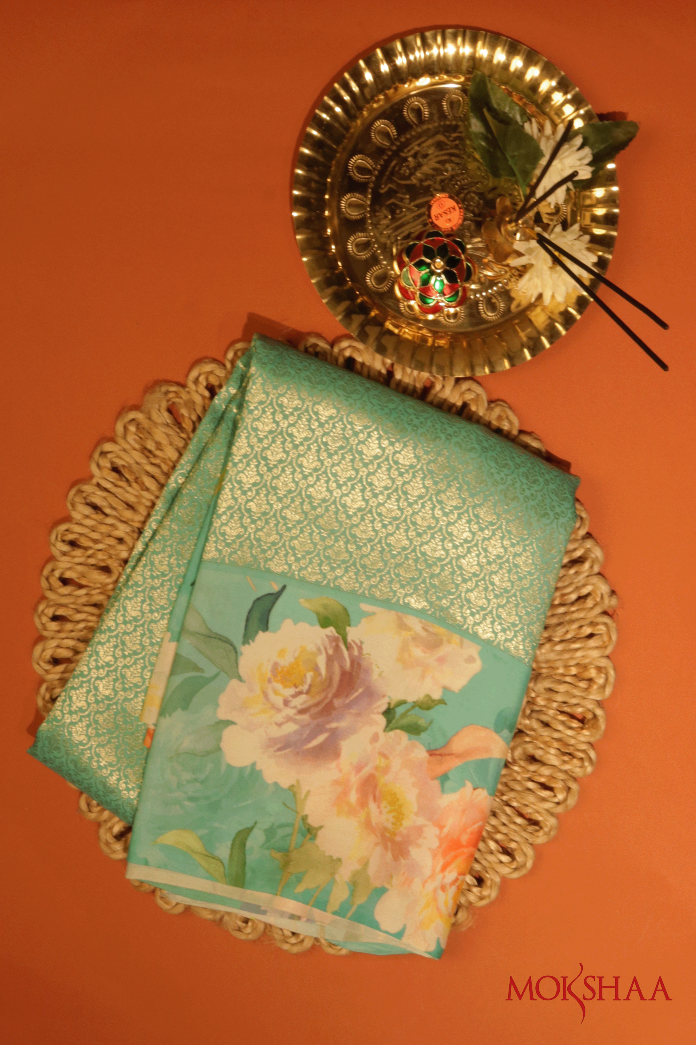 Turquoise Blue Printed Satin Silk Saree  Mokshaa