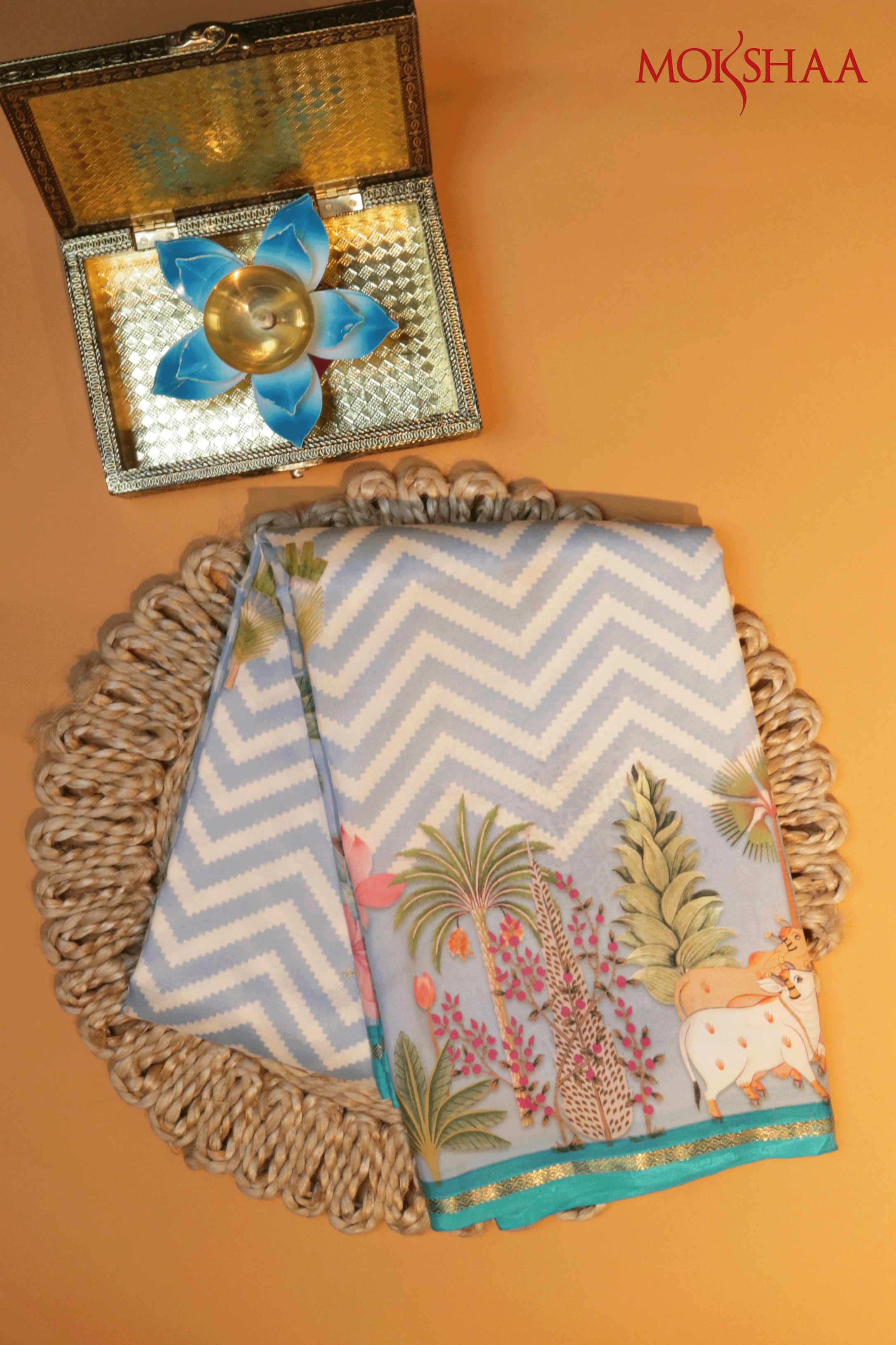 Sky Blue Printed Soft Silk Saree  Mokshaa