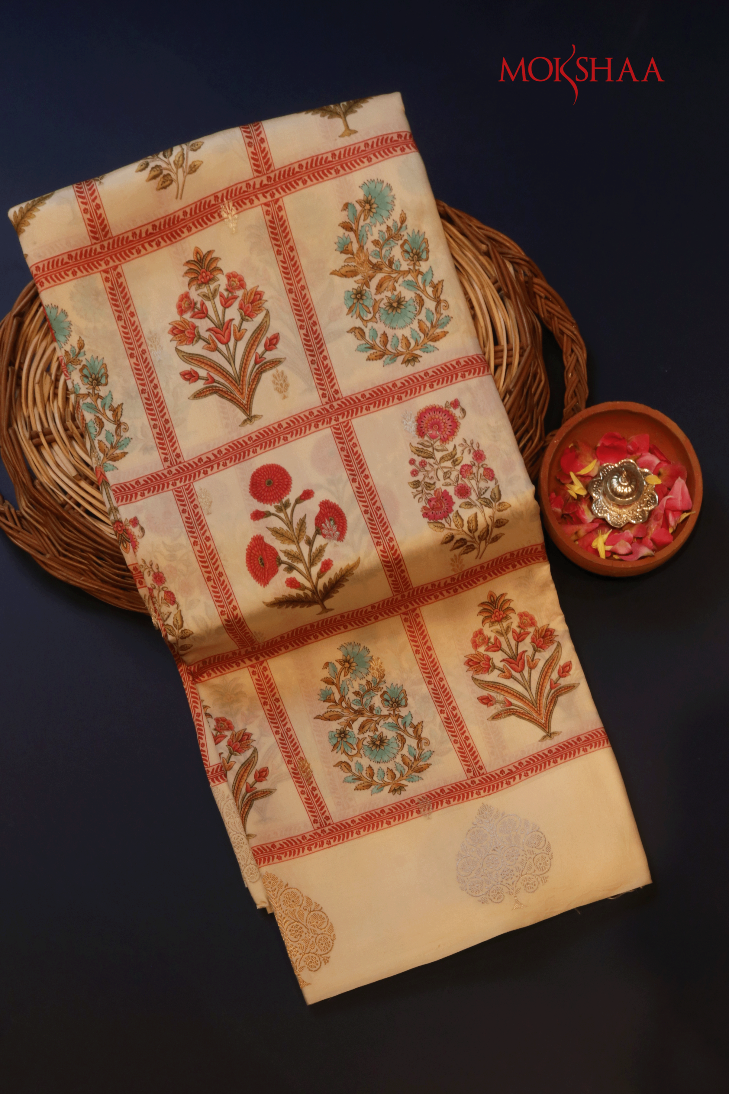 Off White Printed Soft Silk Saree  Mokshaa