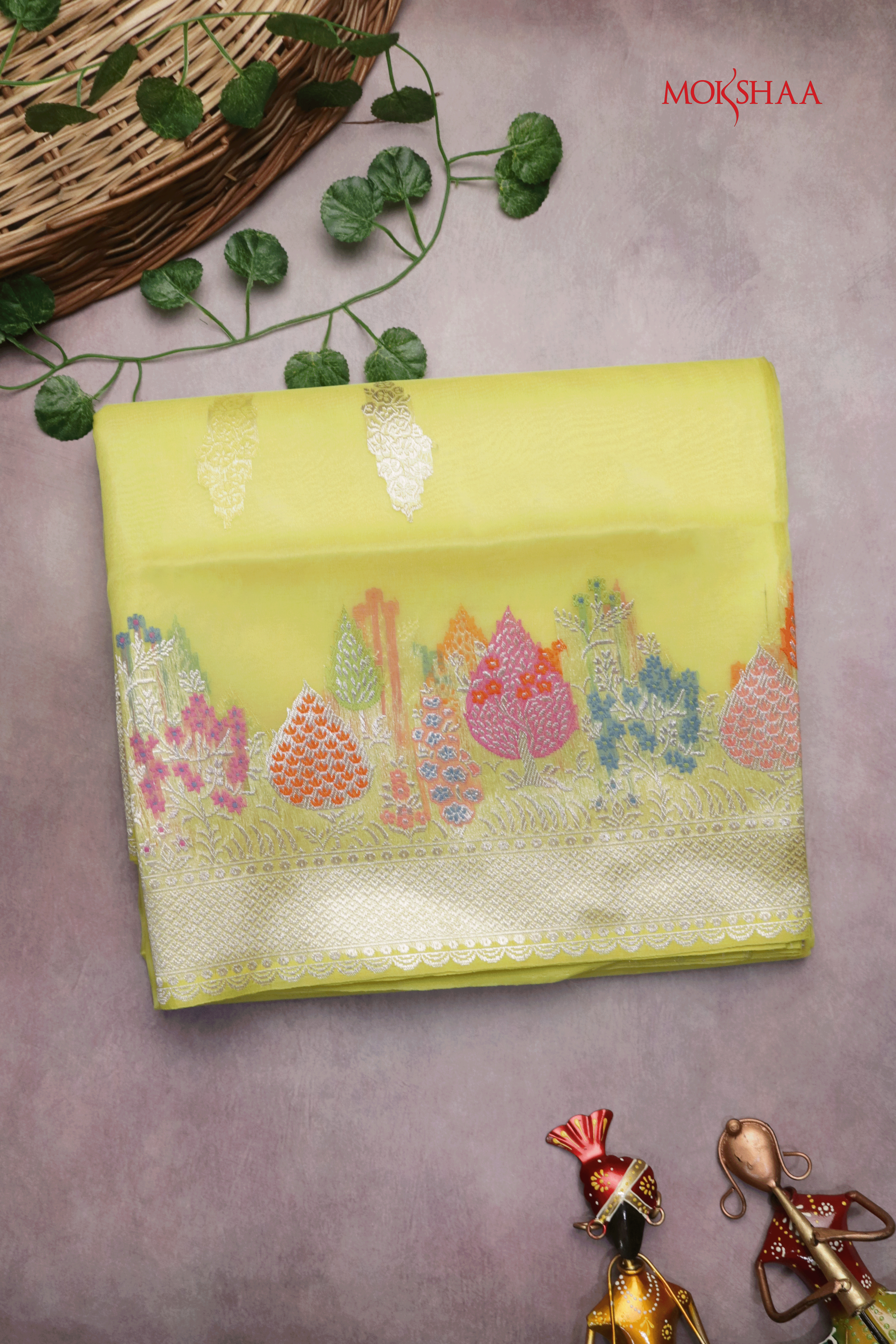 Canary Yellow Banarasi Kora Silk Saree  Mokshaa