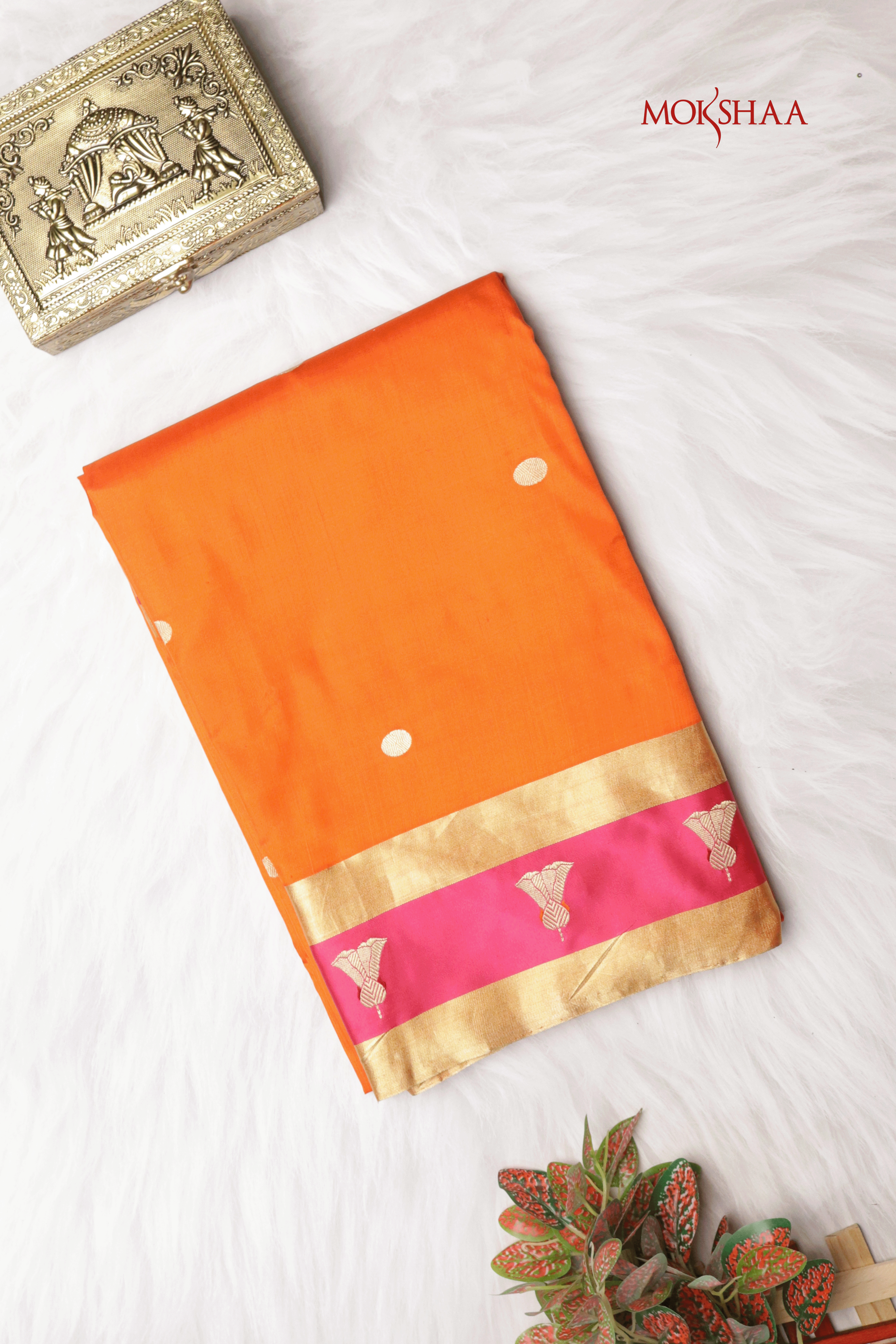 Orange Banarasi Silk Saree with Pink Zari Border  Mokshaa