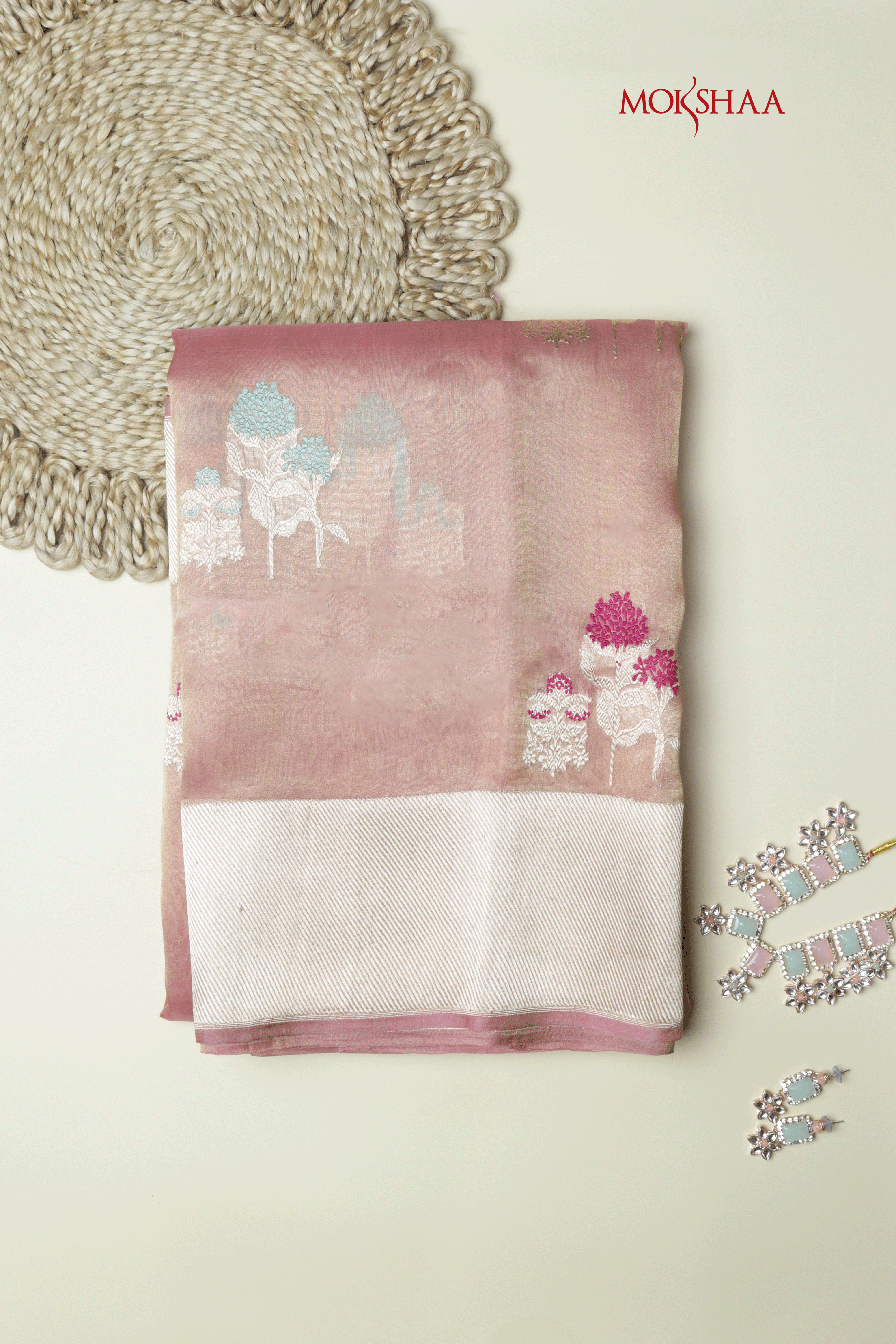 Peach Banaras Kora Tissue Silk Saree  Mokshaa
