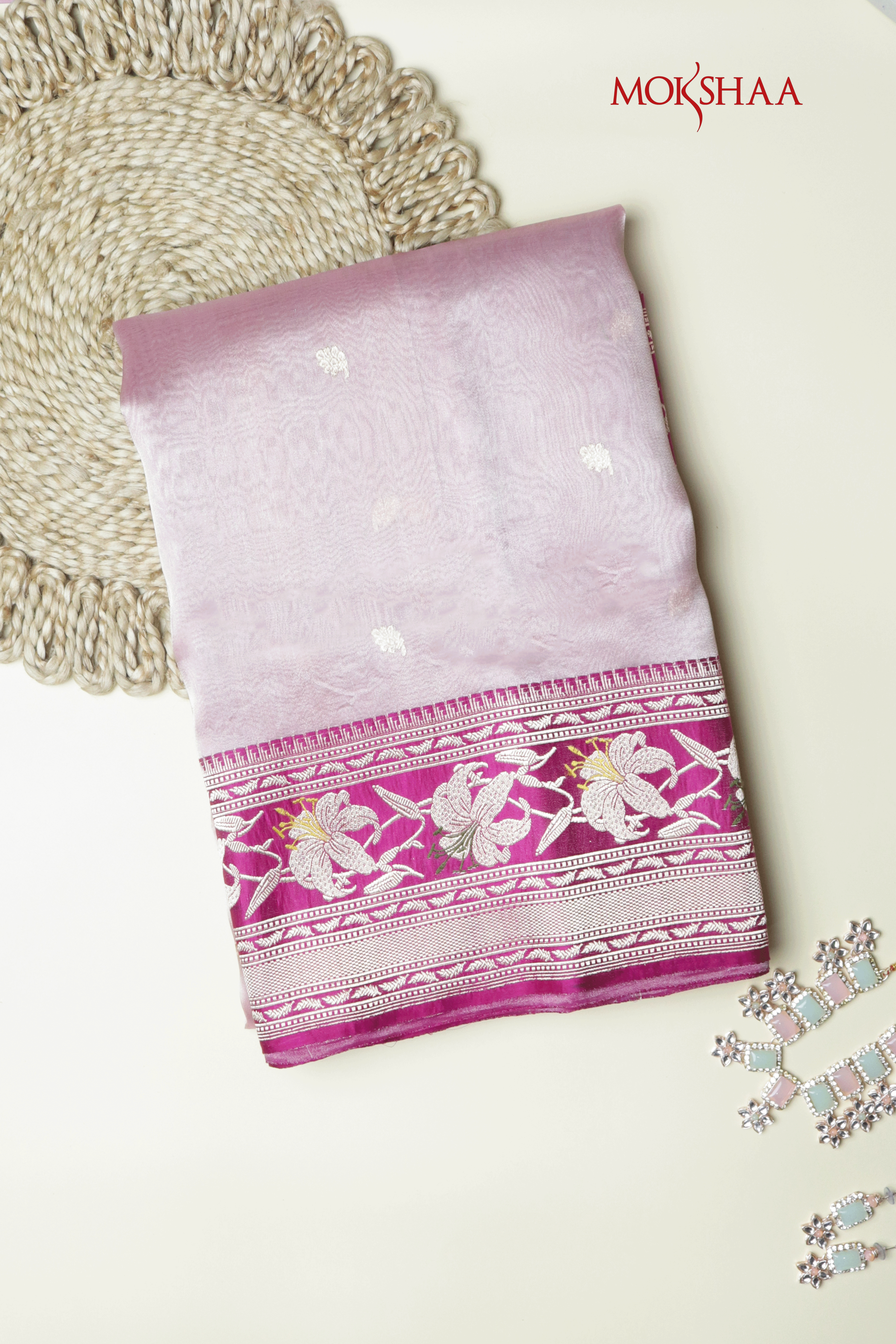 Pastel Pink Kora Tissue Silk Saree with Magenta Border  Mokshaa