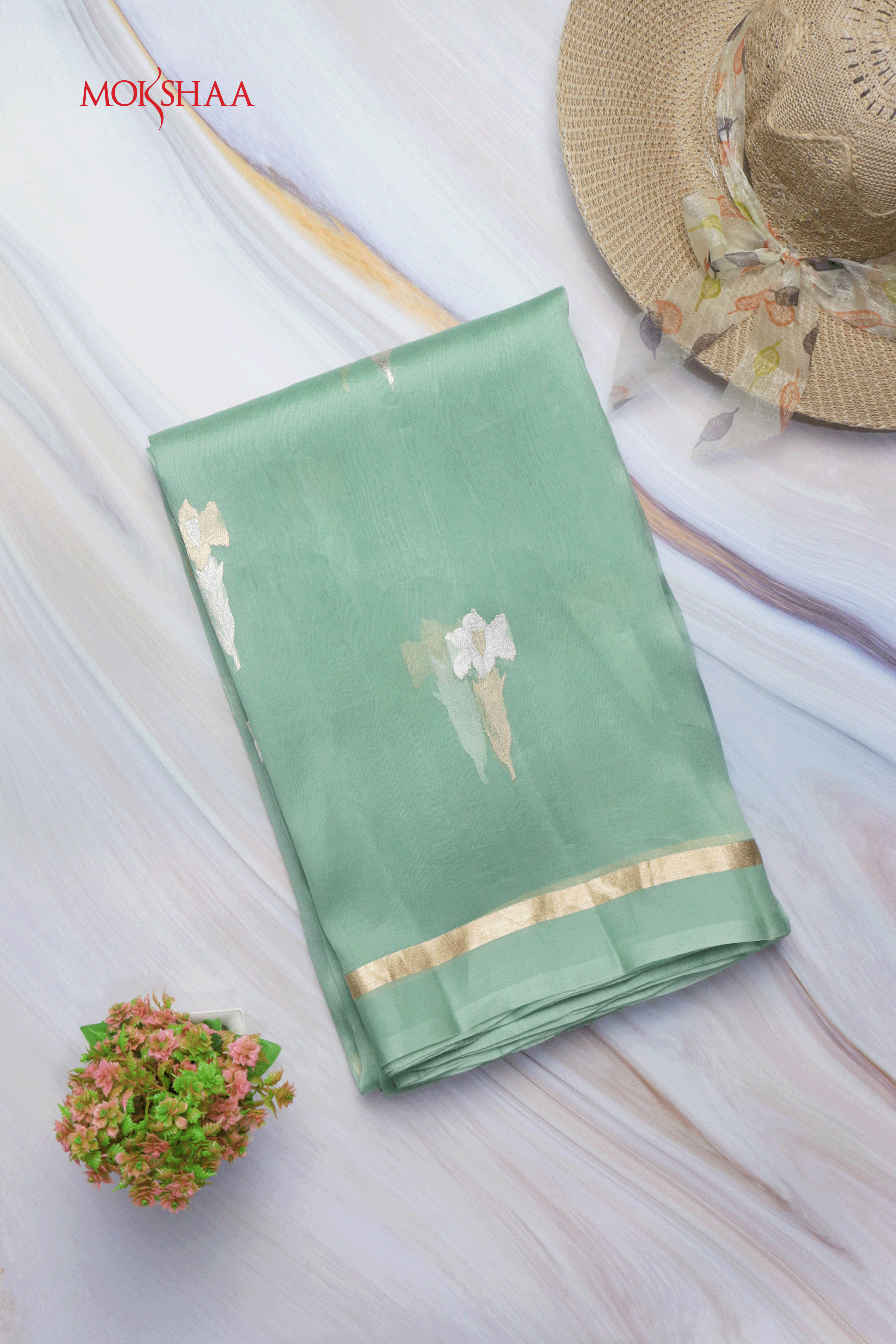 Mint Green Banarasi Kora Silk Saree  Mokshaa