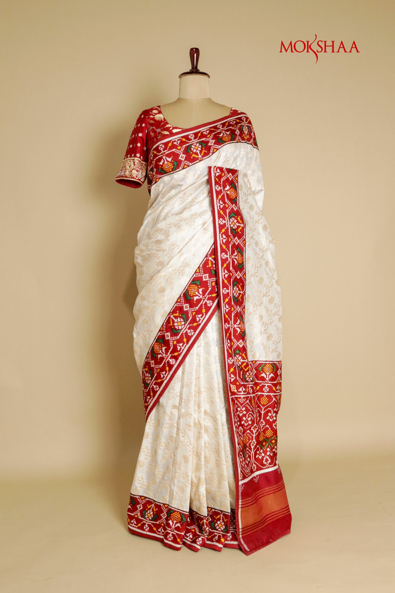 Off-White Banarasi Silk Saree with Patola Contrast Border & Pallu