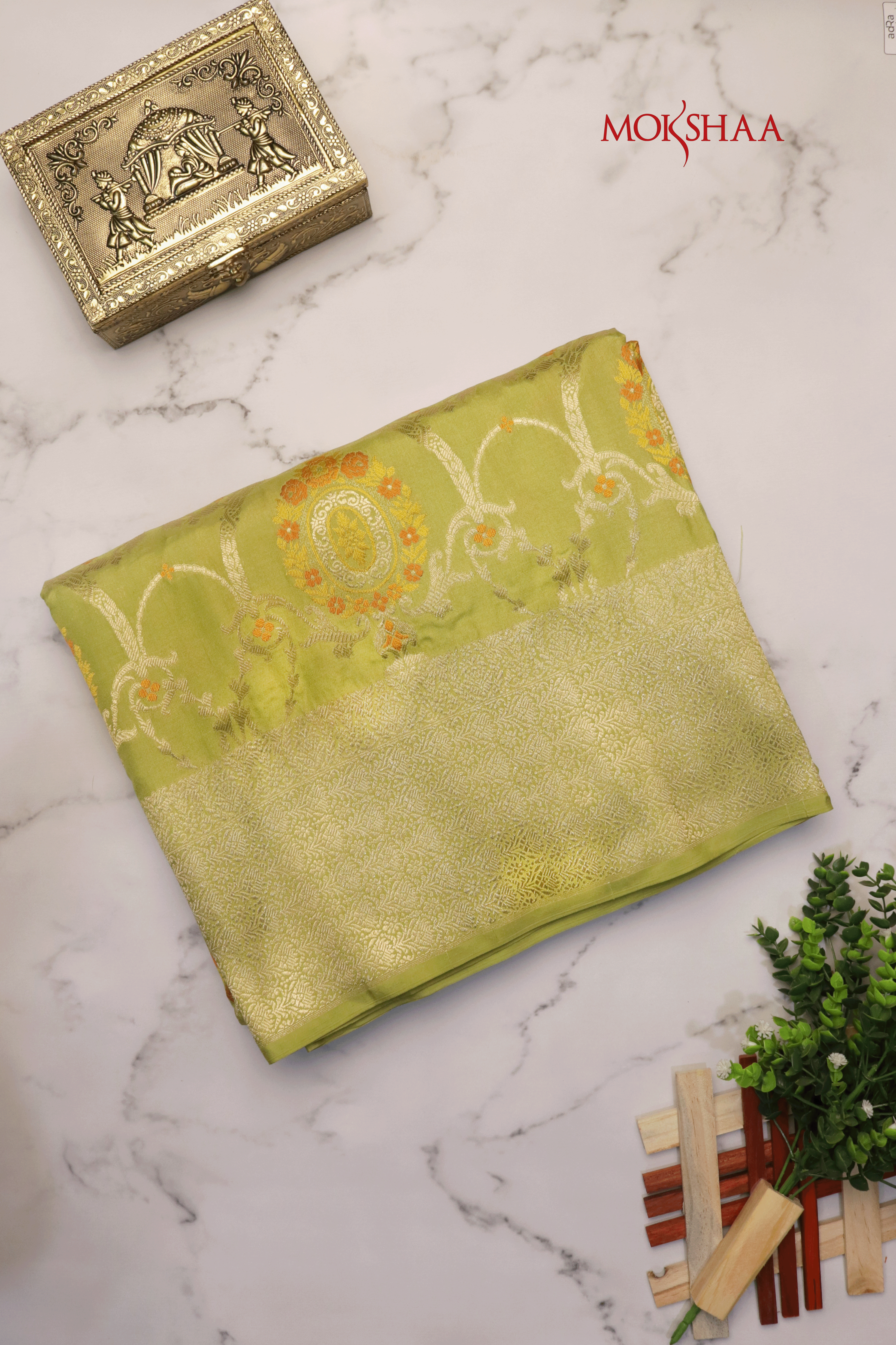 Lime Green Banarasi Silk Saree  Mokshaa