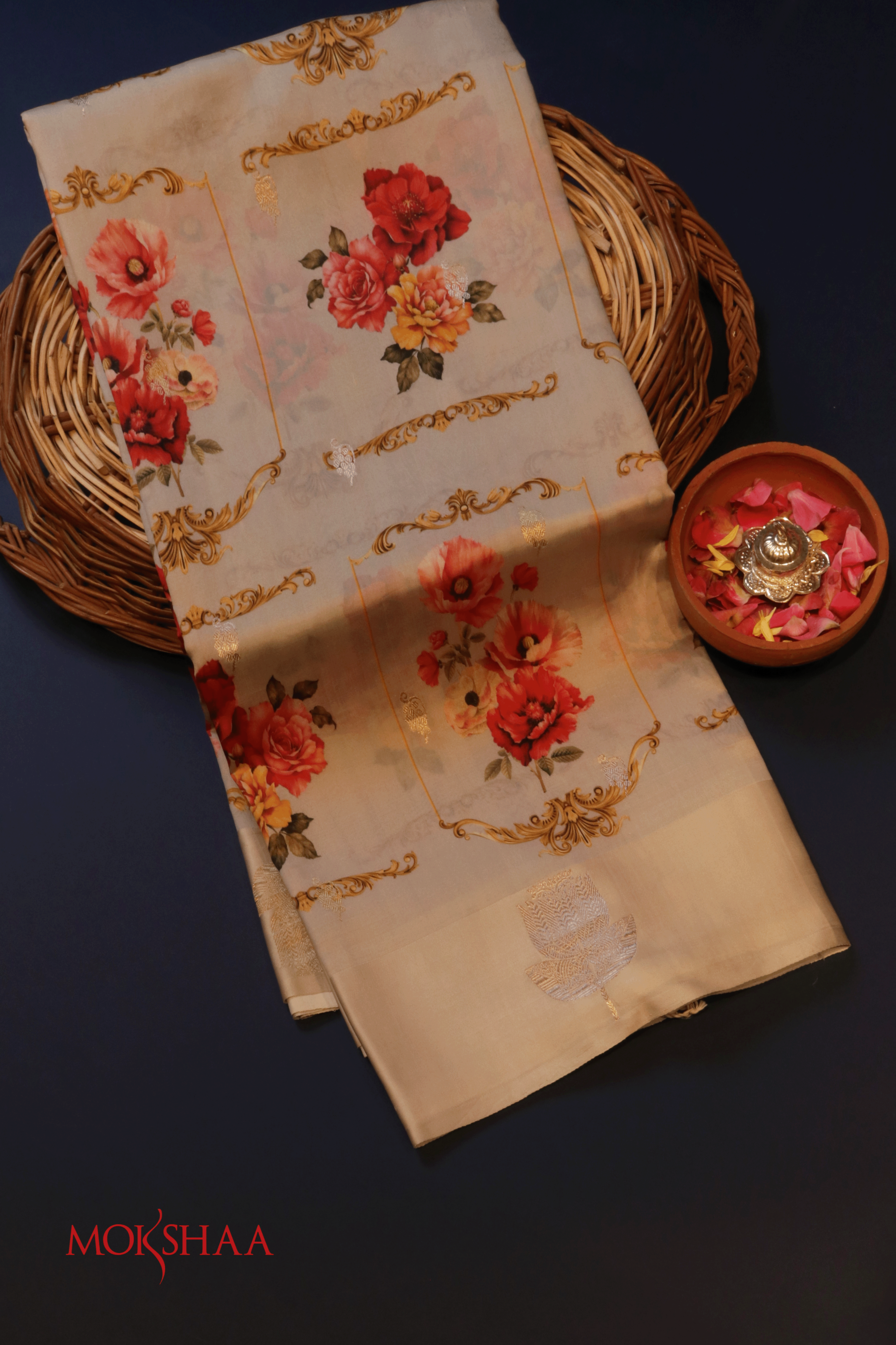 Light Grey Printed Soft Silk Saree  Mokshaa