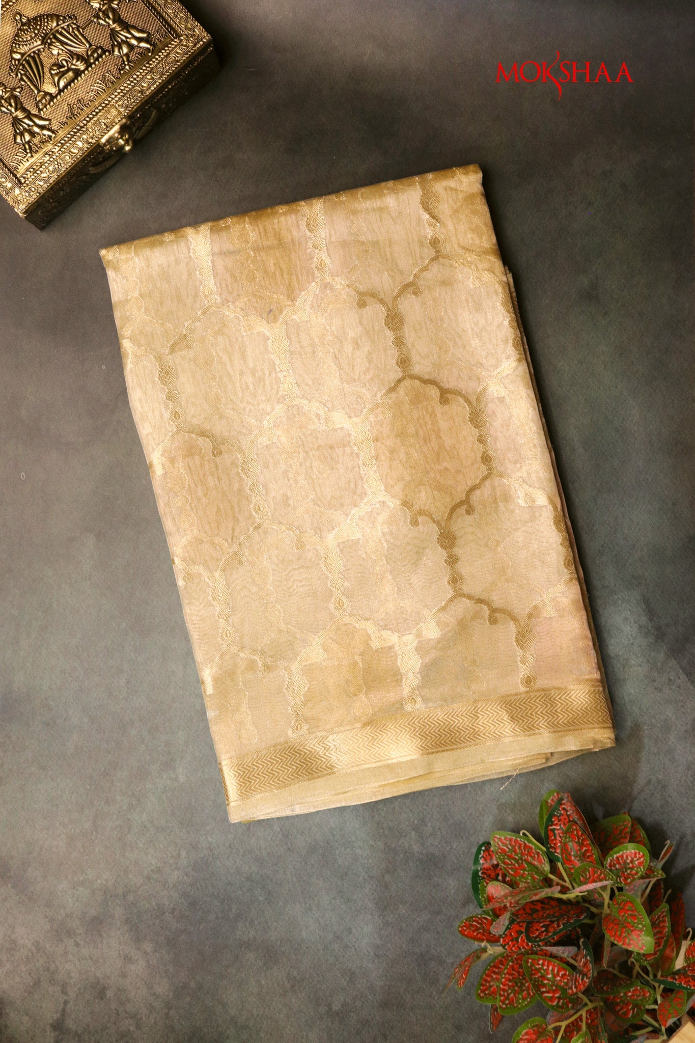 Champagne Gold Tissue Kora Banarasi Saree with Trellis Motifs  Mokshaa