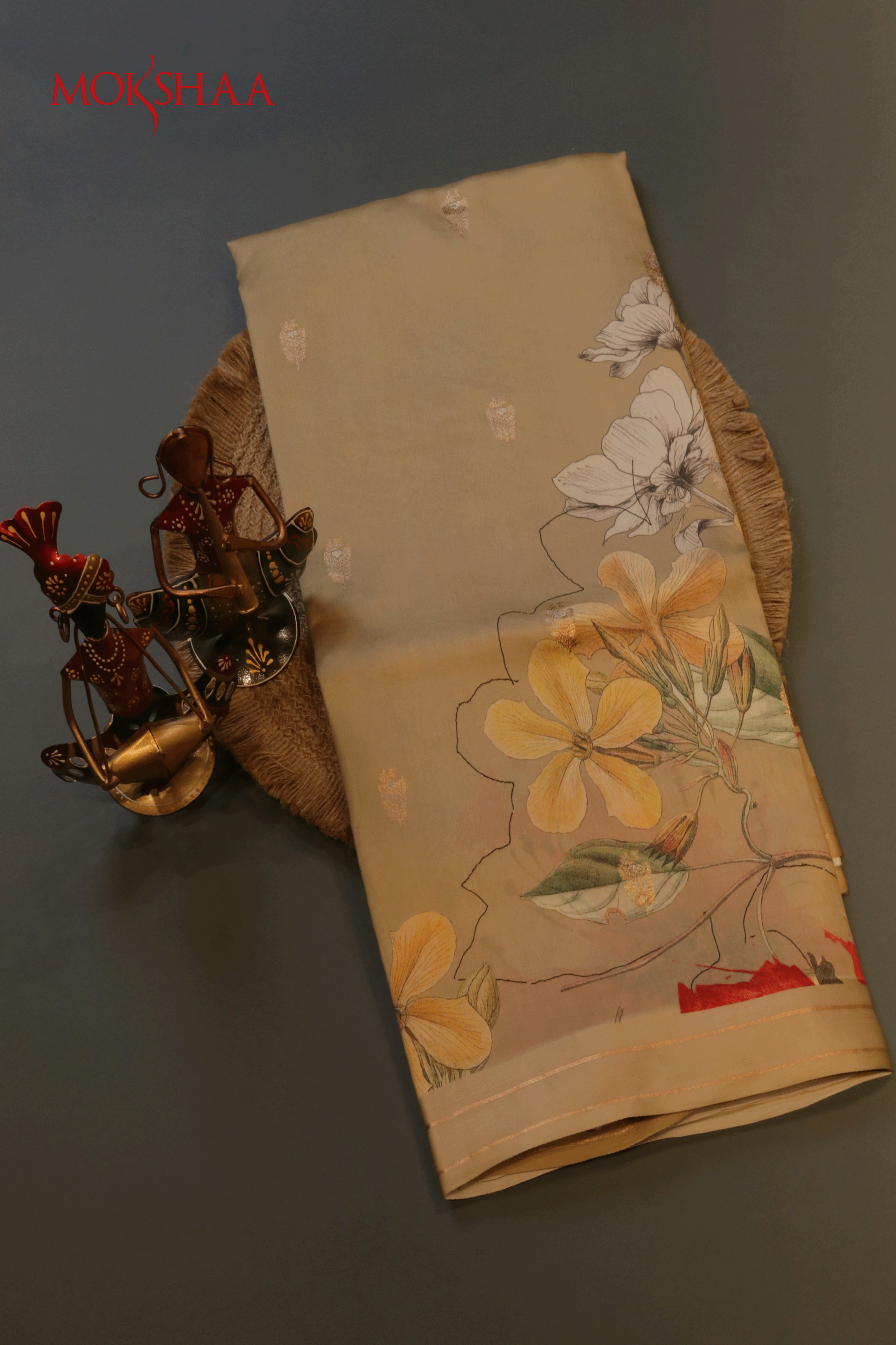 Soft Beige Printed Soft Silk Saree  Mokshaa
