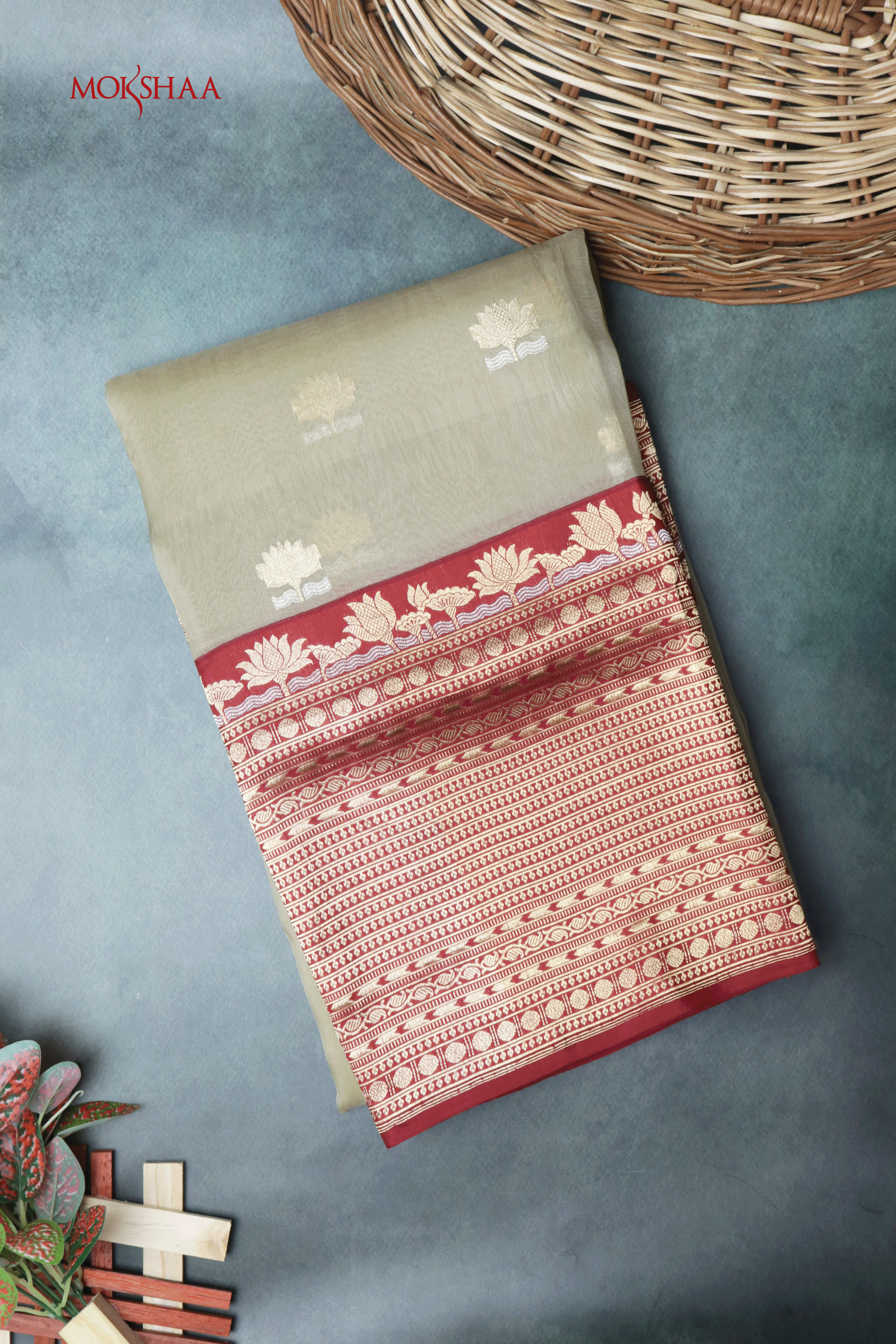 Olive Green Silk Kora Saree with Red Zari Lotus Border  Mokshaa
