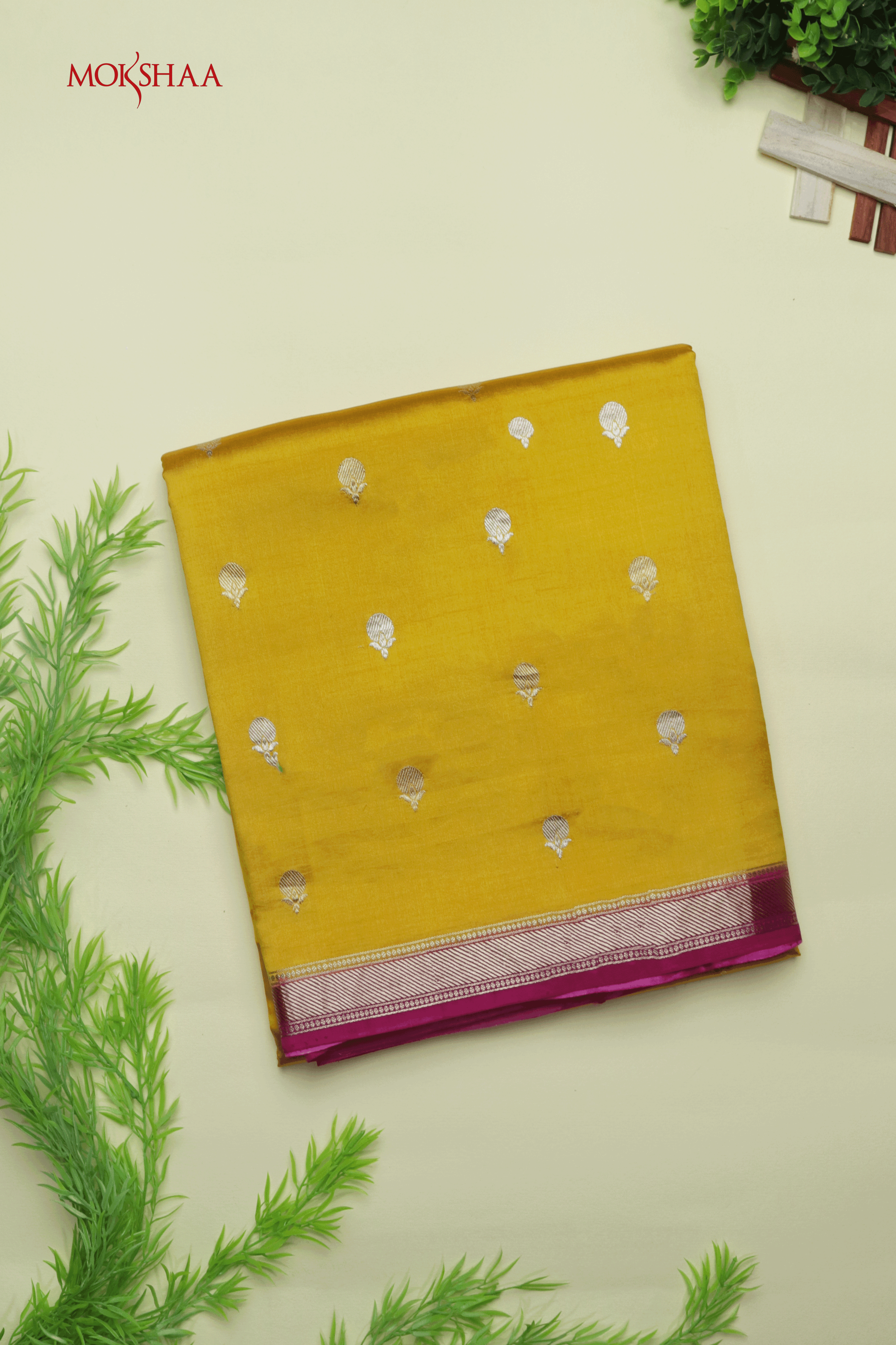 Mustard Yellow and Rani Pink Banarasi Chanderi Saree  Mokshaa