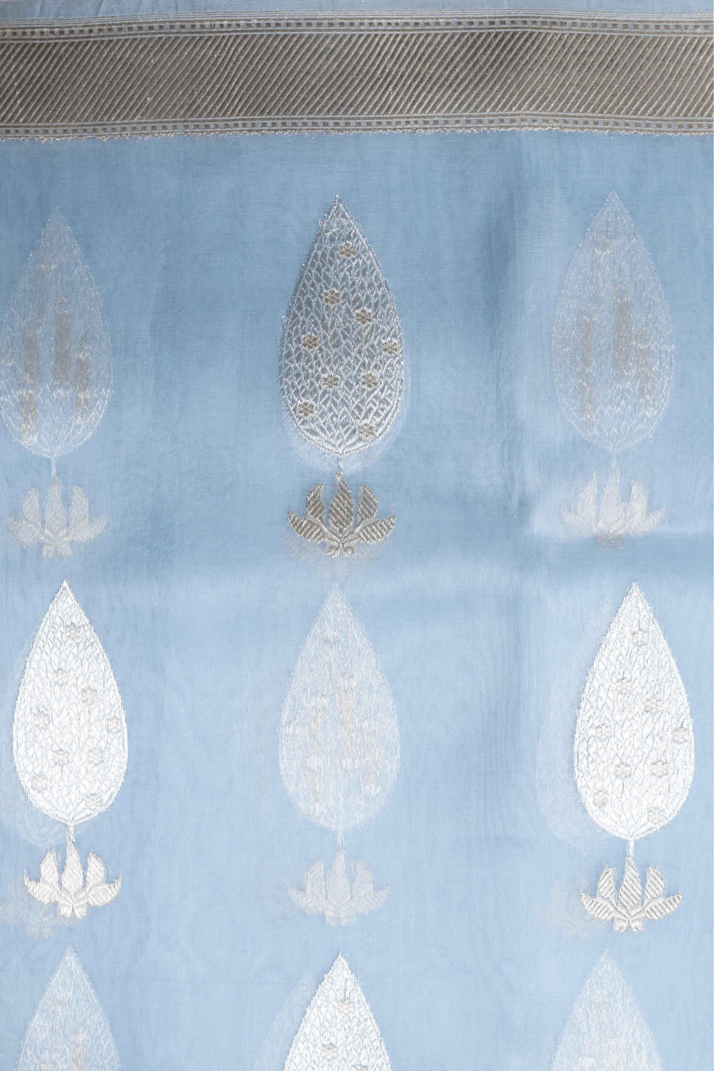 Sky Blue Banarasi Kora Saree with Silver Motifs - Mokshaa