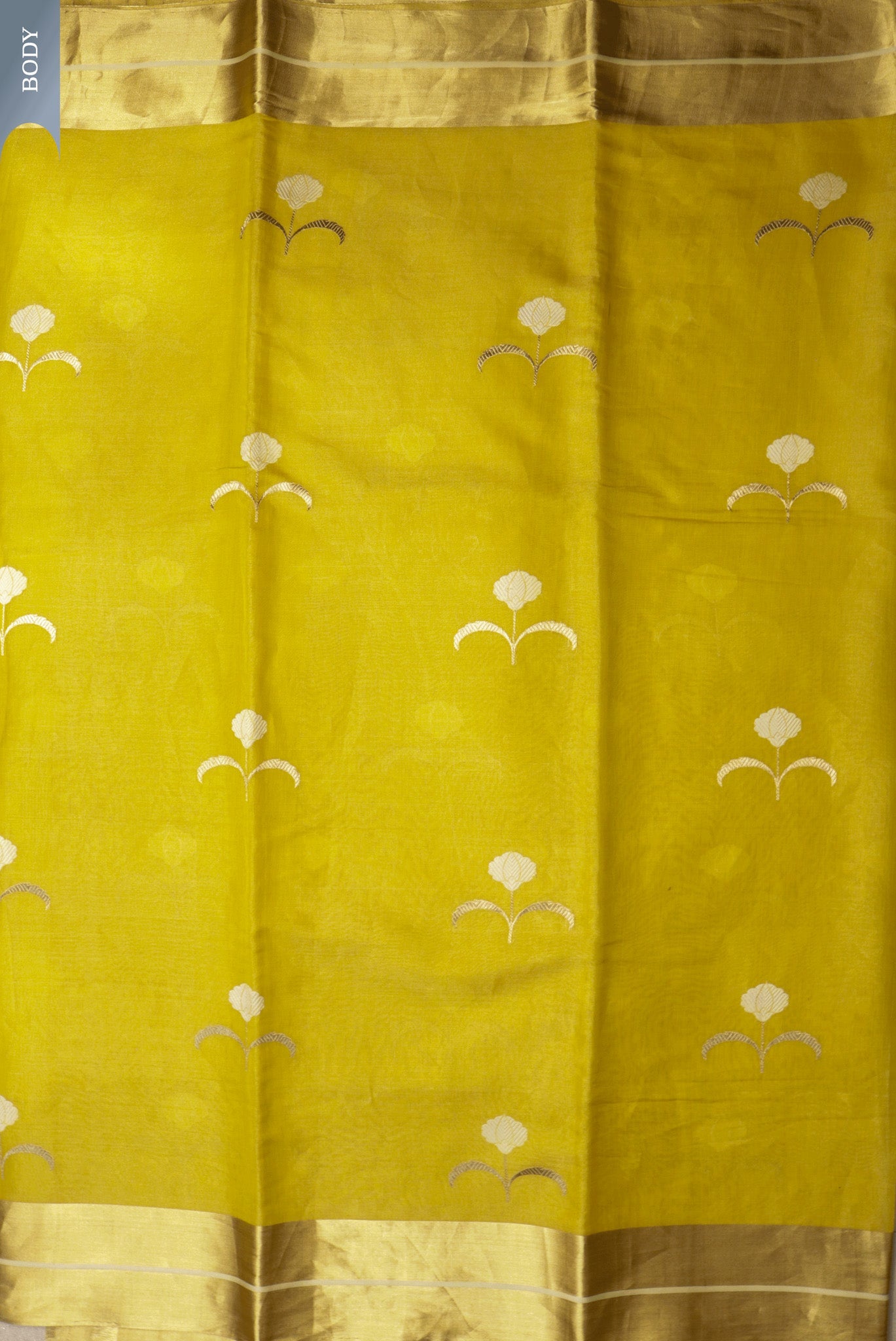 Sun Yellow Banaras Tissue Silk Saree with Zari Floral Buttas and Rich Golden Pallu  Mokshaa