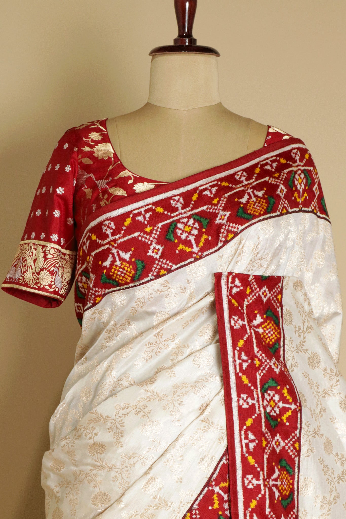 Off-White Banarasi Silk Saree with Patola Contrast Border & Pallu