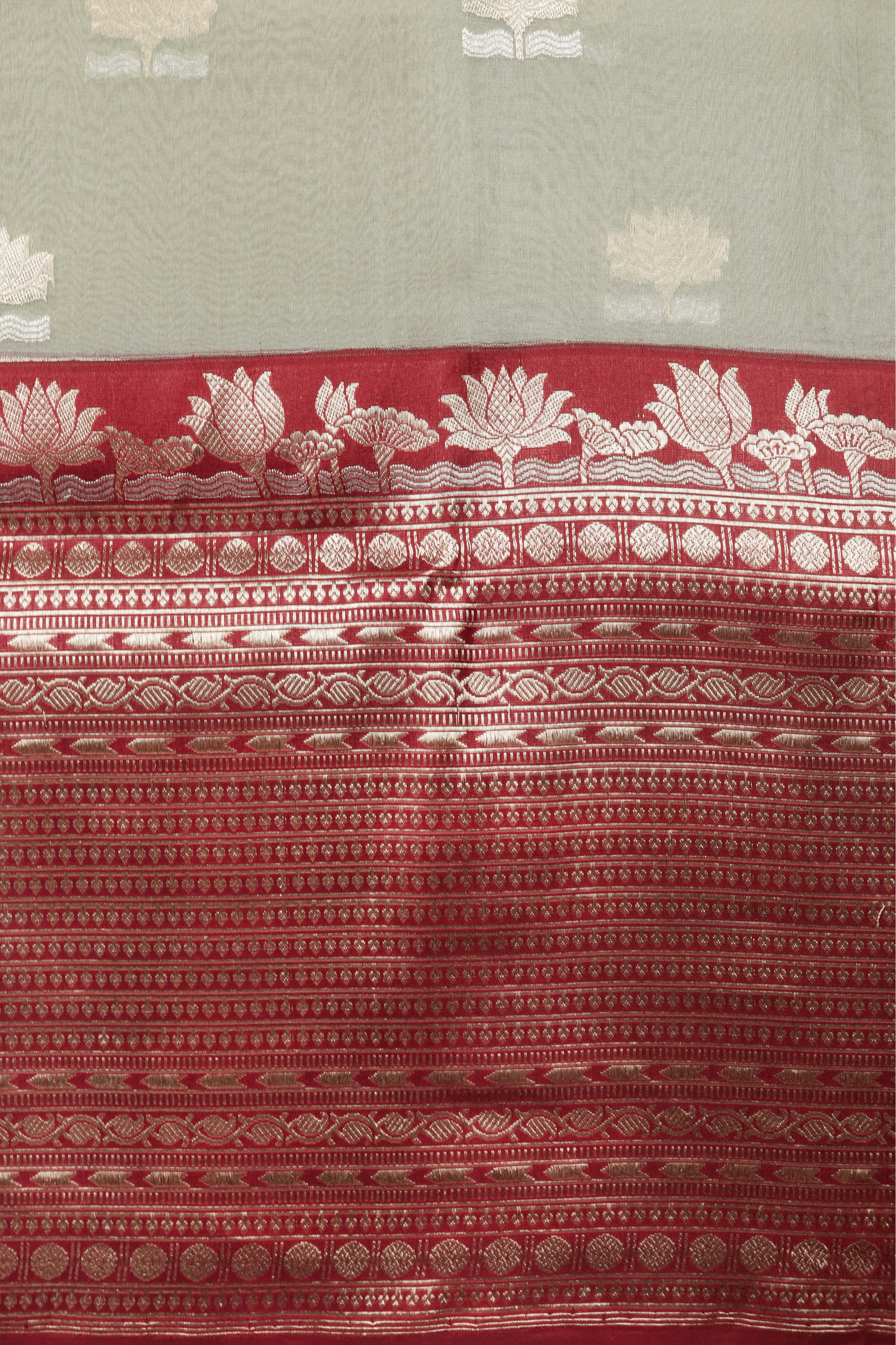 Olive Green Silk Kora Saree with Red Zari Lotus Border - Mokshaa