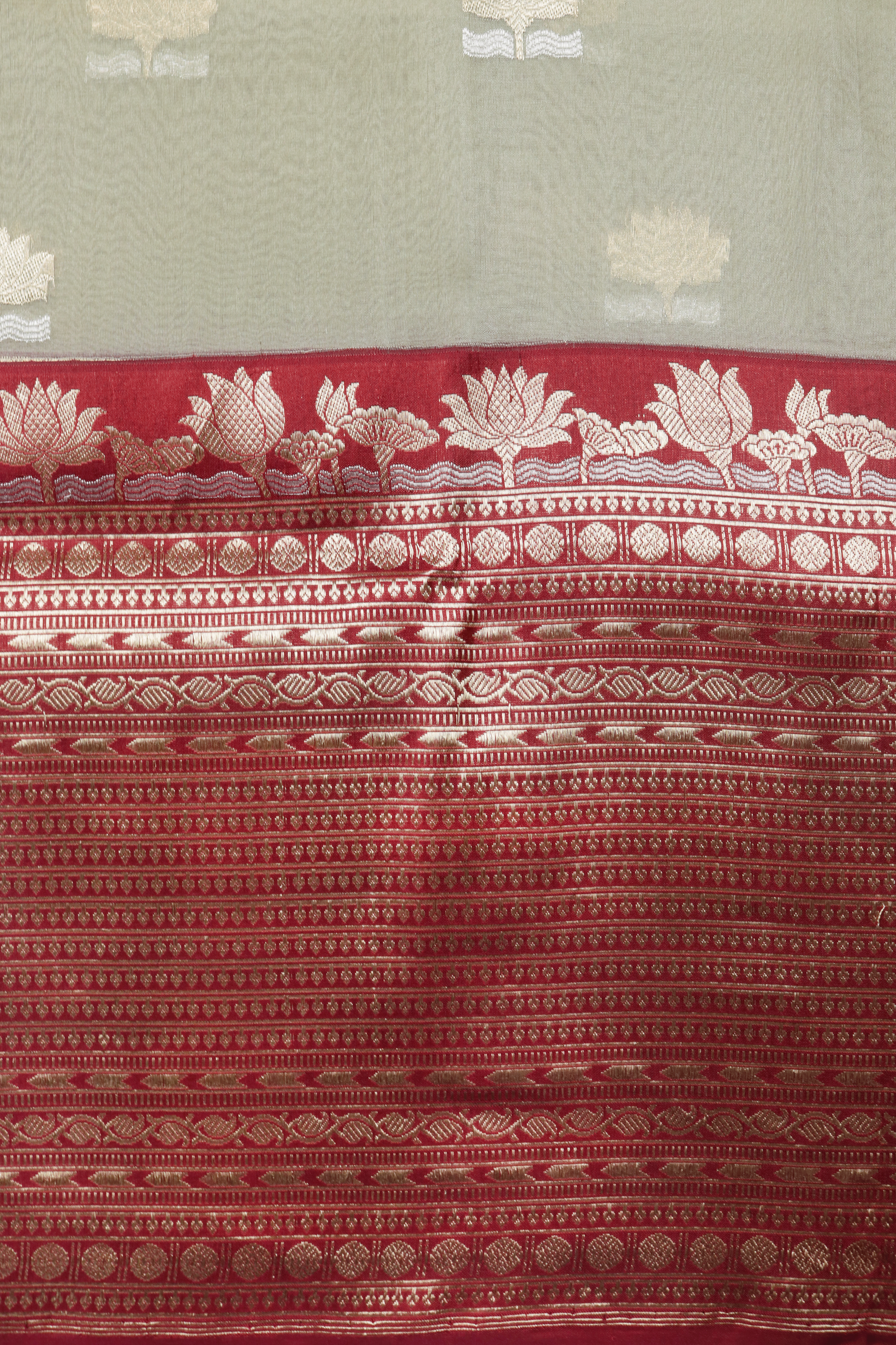 Olive Green Silk Kora Saree with Red Zari Lotus Border  Mokshaa