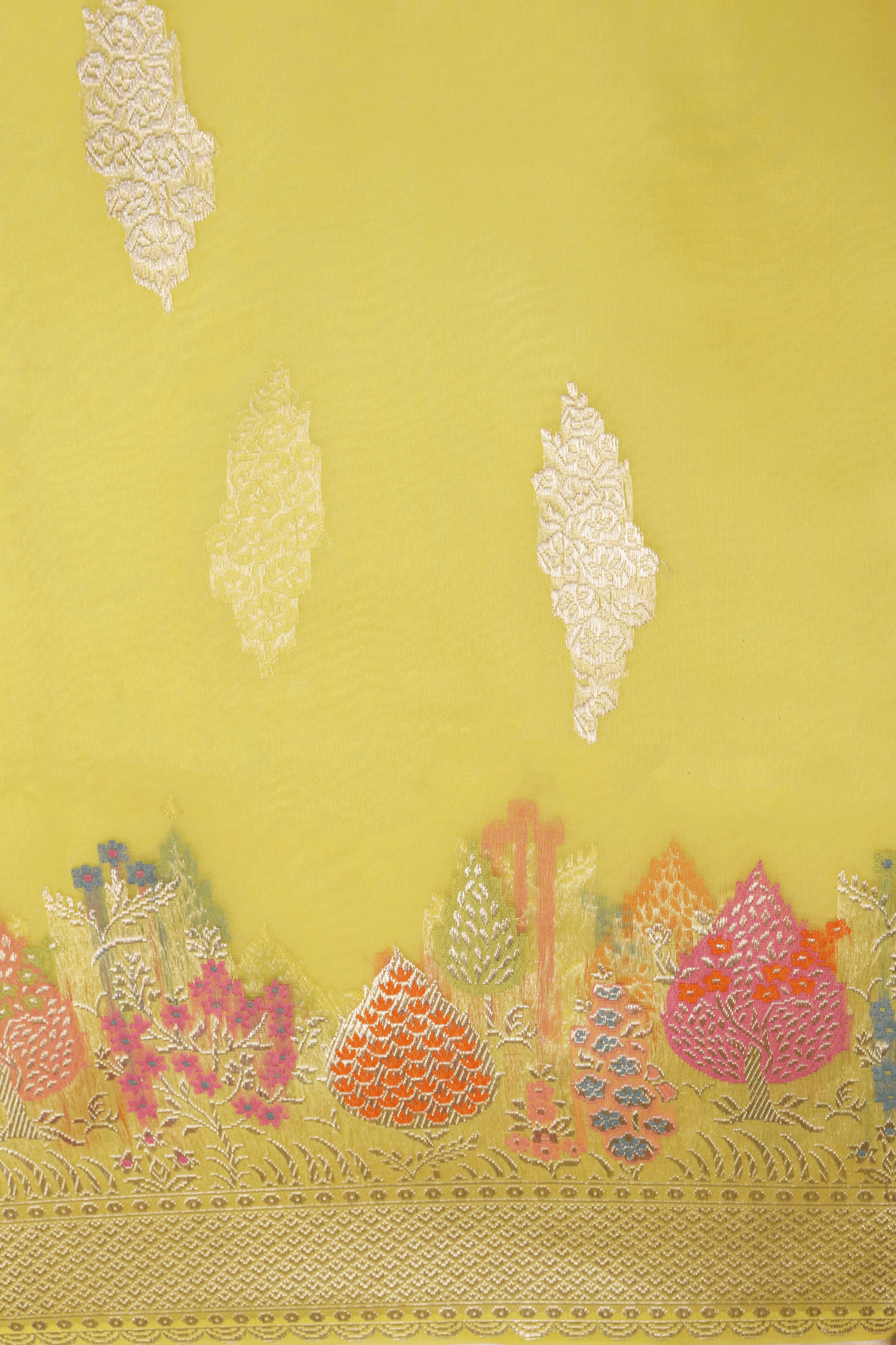 Canary Yellow Banarasi Kora Silk Saree  Mokshaa