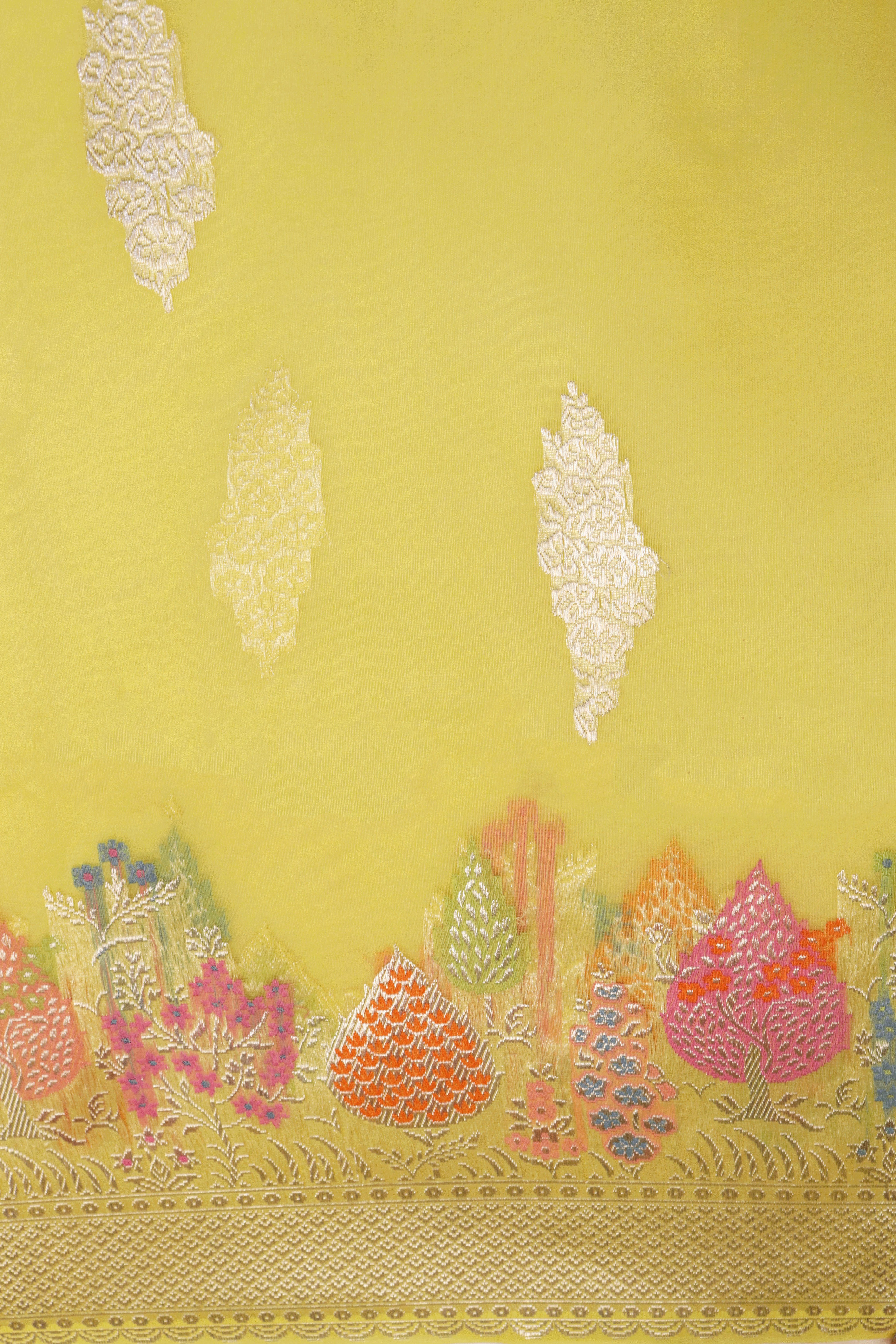 Canary Yellow Banarasi Kora Silk Saree  Mokshaa