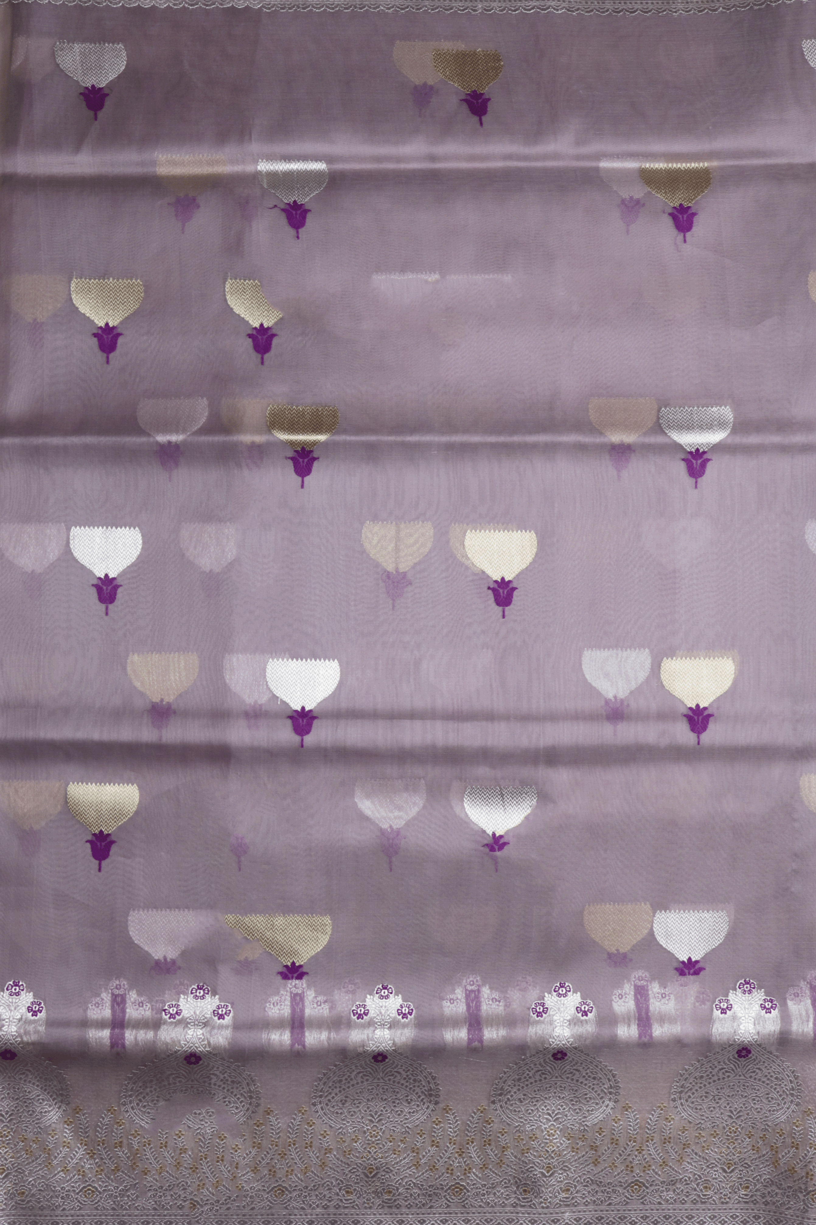 Lavender Banarasi Kora Saree with Silver Zari Border  Mokshaa