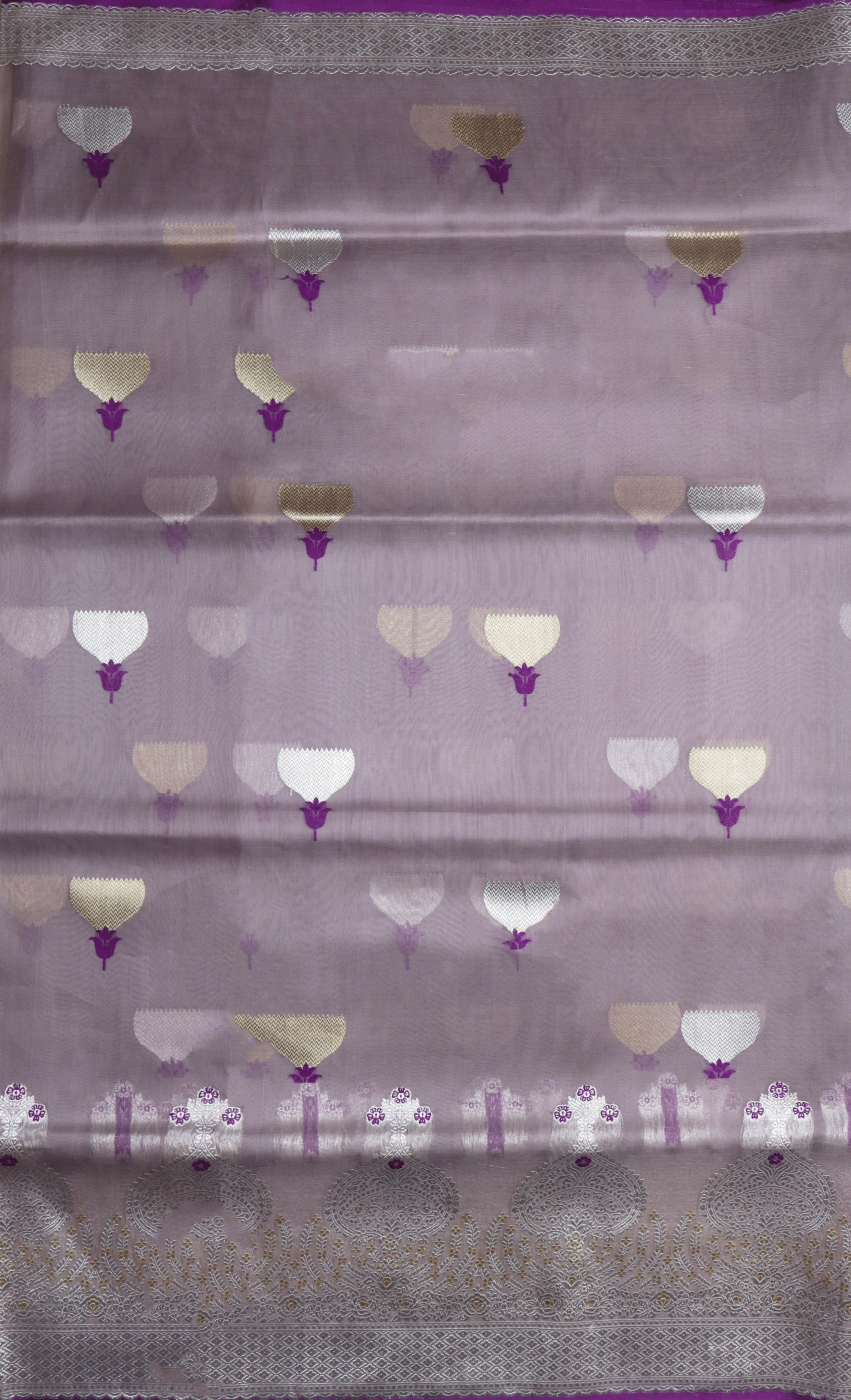 Lavender Banarasi Kora Saree with Silver Zari Border  Mokshaa