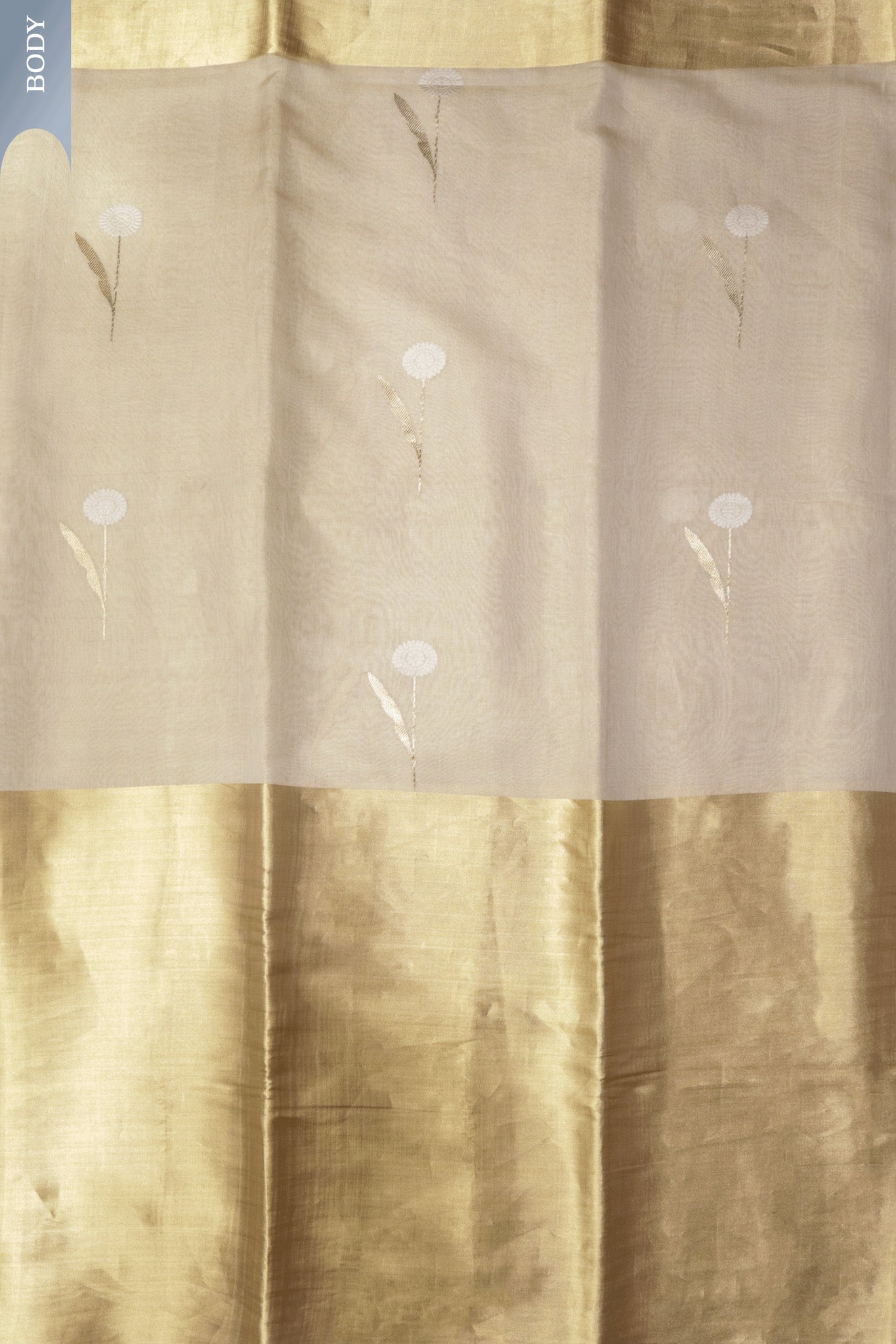 Beige Banaras Fancy Saree with Golden Zari Border and Floral Motifs  Mokshaa