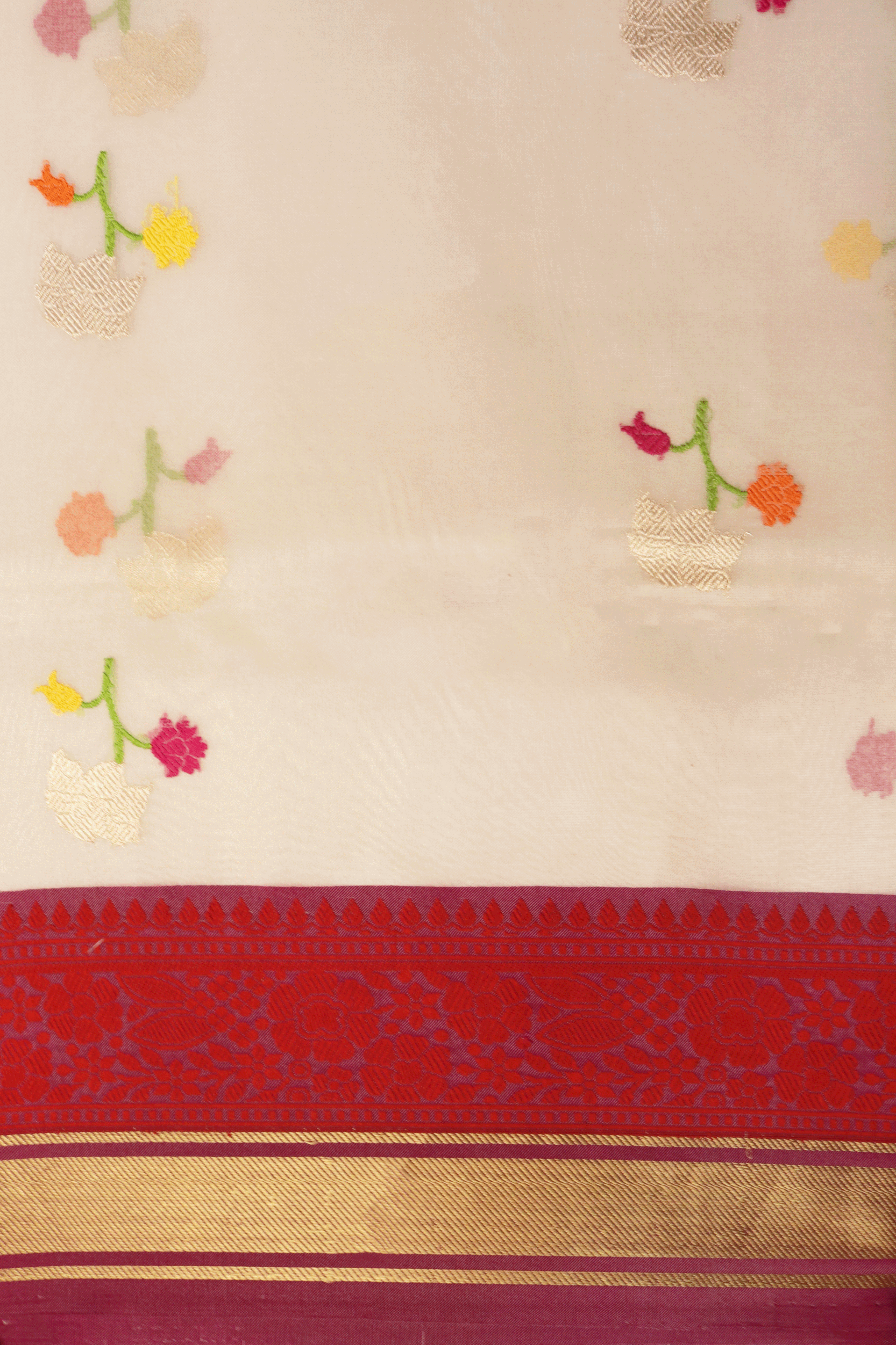 White Banarasi Kora Silk Saree with Floral Motifs and Contrast Red Border  Mokshaa