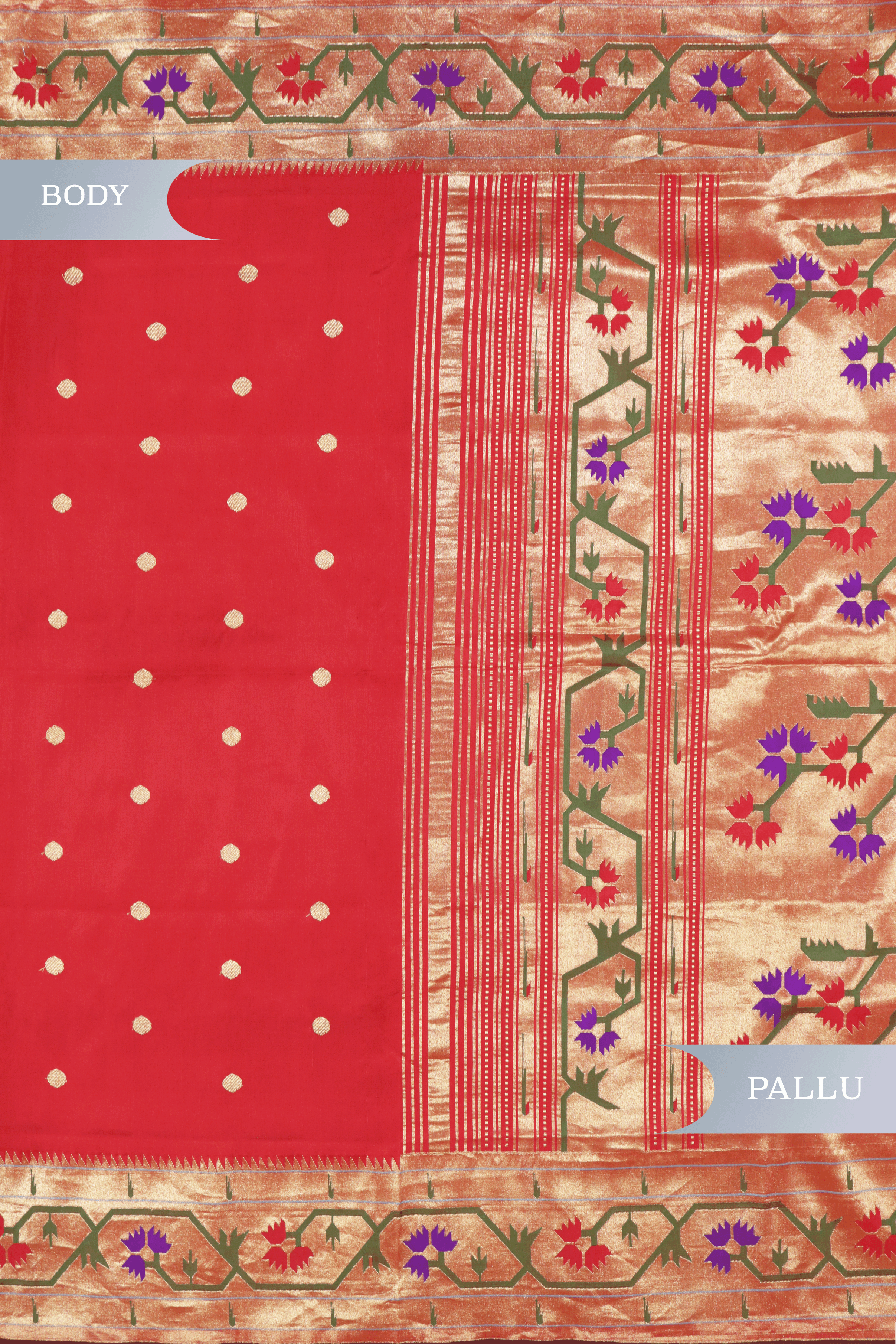 Classic Red Paithani Saree with Gold Zari and Lotus Motifs - Mokshaa