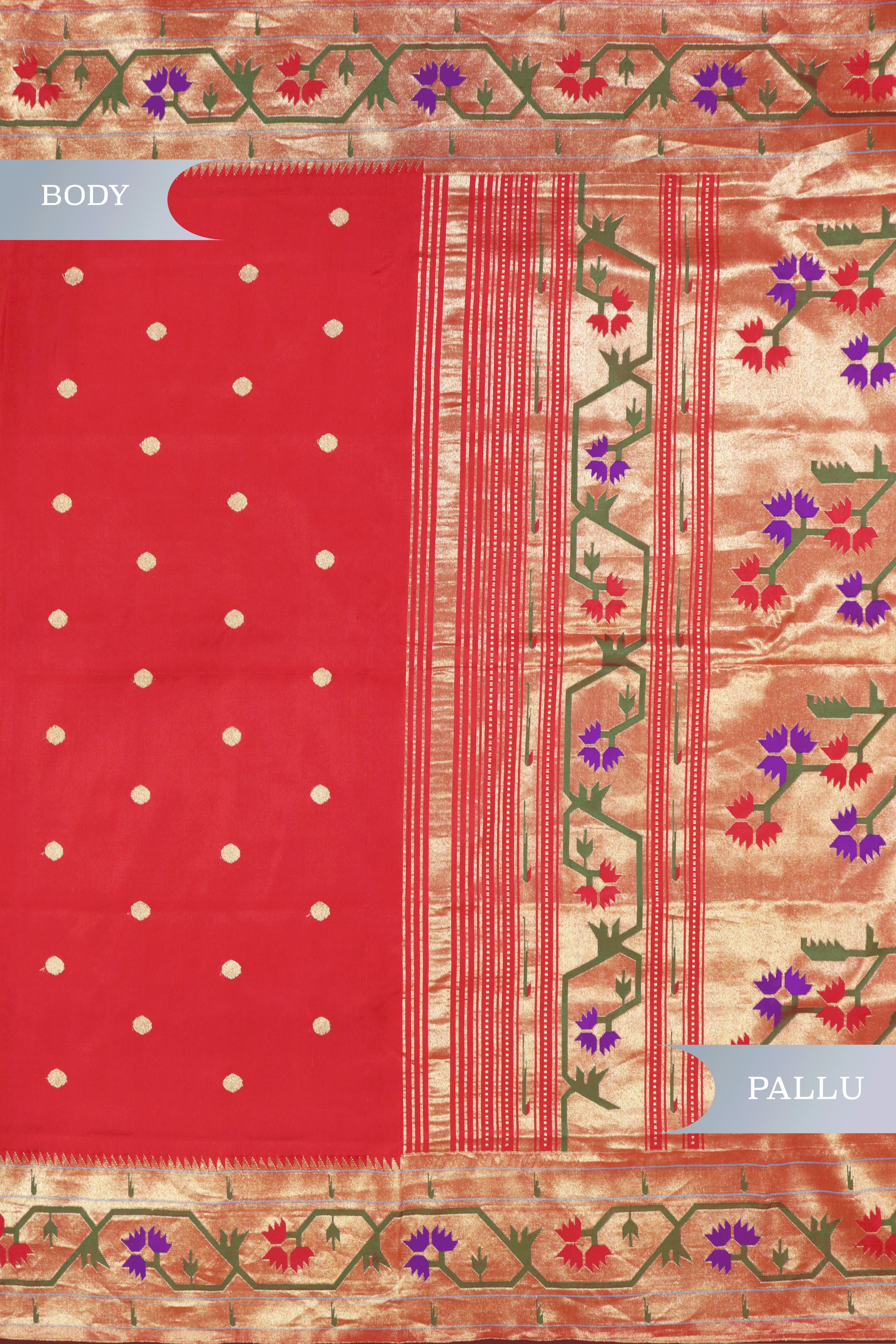 Classic Red Paithani Saree with Gold Zari and Lotus Motifs  Mokshaa