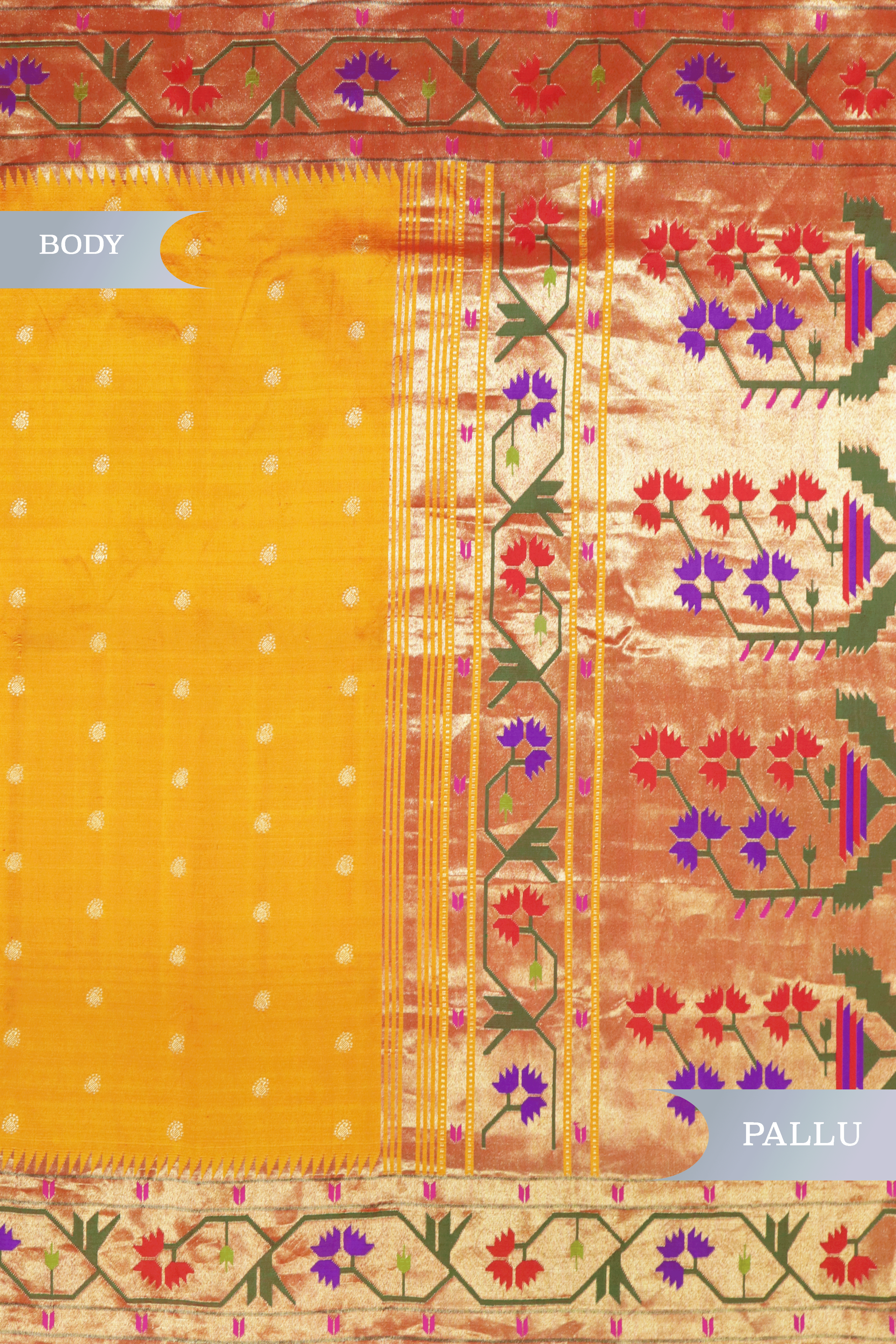 Sunset Orange Paithani Saree with Gold Zari and Lotus Motif Border  Mokshaa