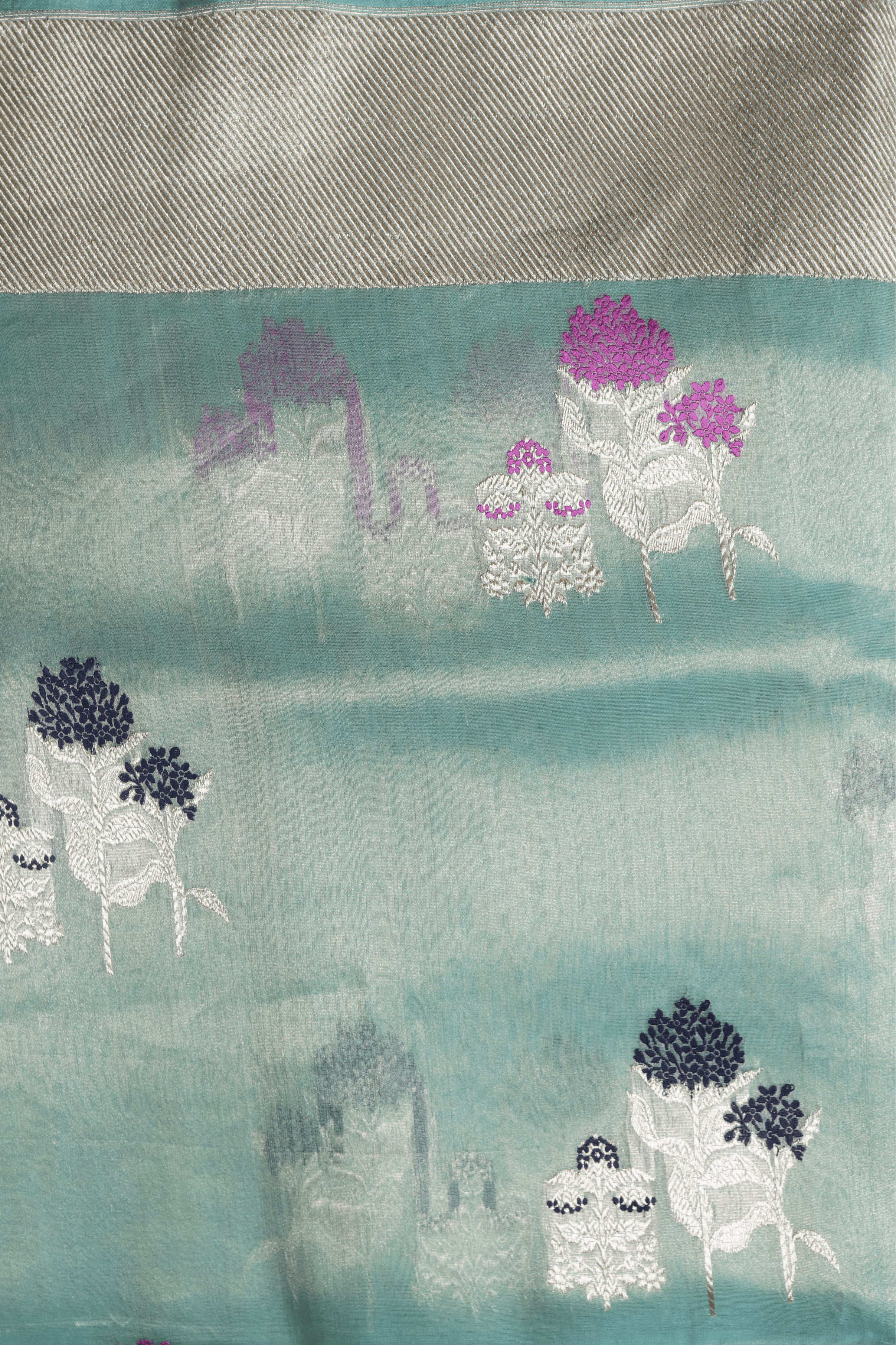 Sea Green Banarasi Tissue Silk Saree with Floral Pot Motifs - Mokshaa